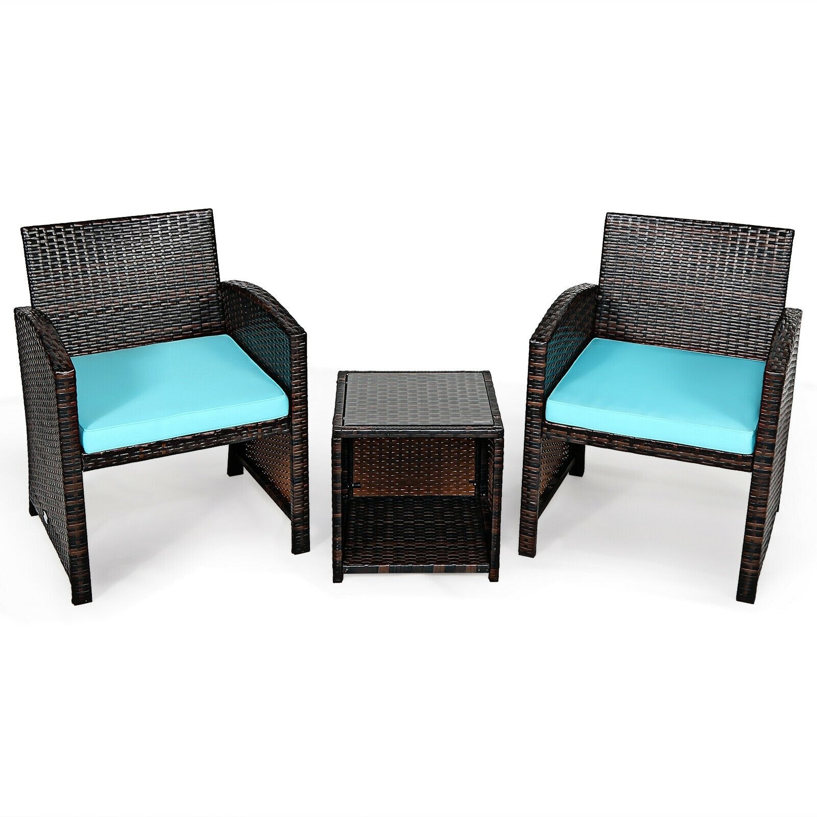 3 Pieces PE Rattan Wicker Furniture Set with Cushion Sofa Coffee Table for Garden, Turquoise Patio Conversation Sets   at Gallery Canada