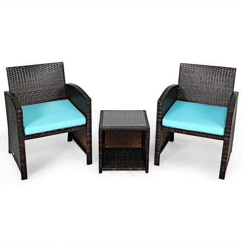3 Pieces PE Rattan Wicker Furniture Set with Cushion Sofa Coffee Table for Garden, Turquoise