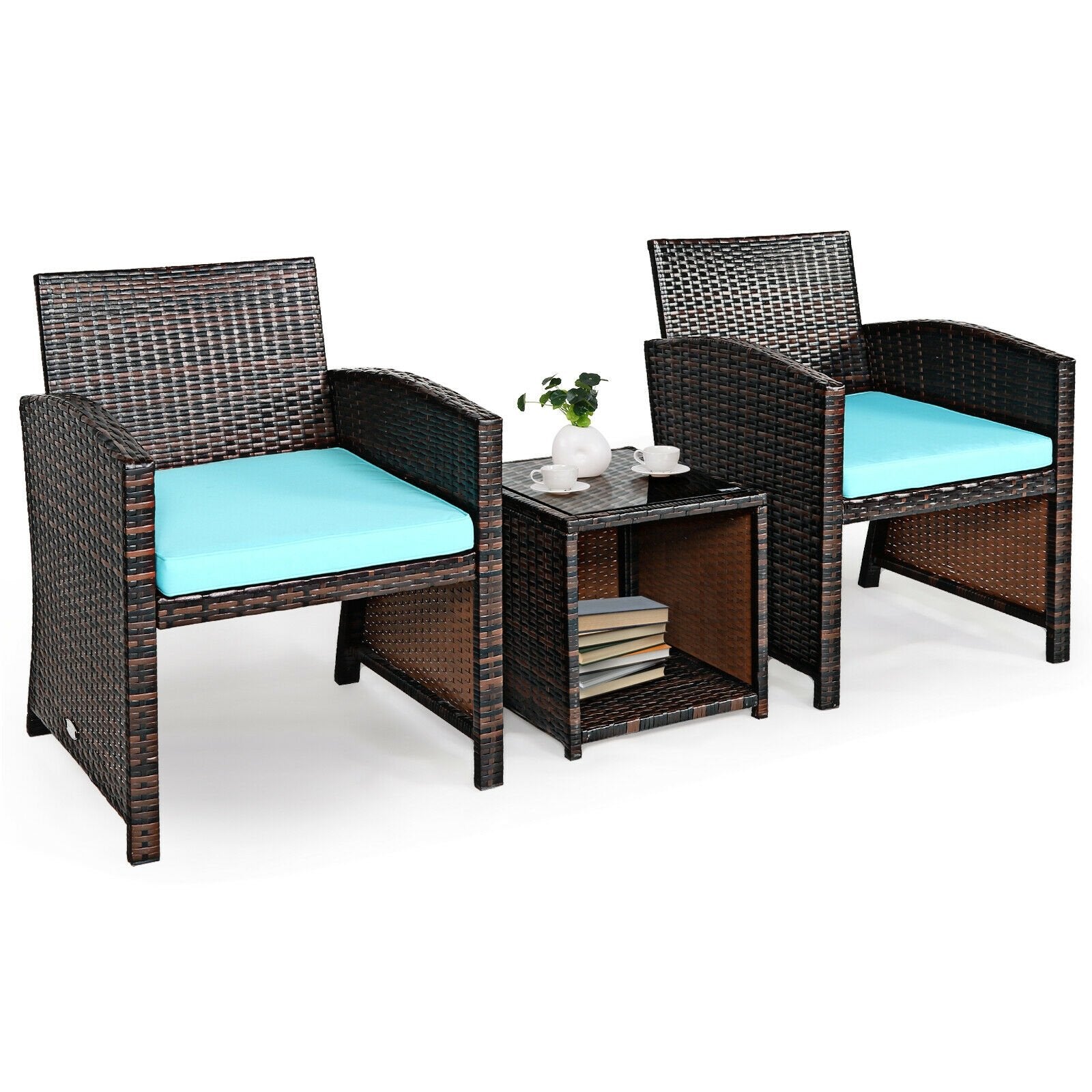 3 Pieces PE Rattan Wicker Furniture Set with Cushion Sofa Coffee Table for Garden, Turquoise Patio Conversation Sets   at Gallery Canada