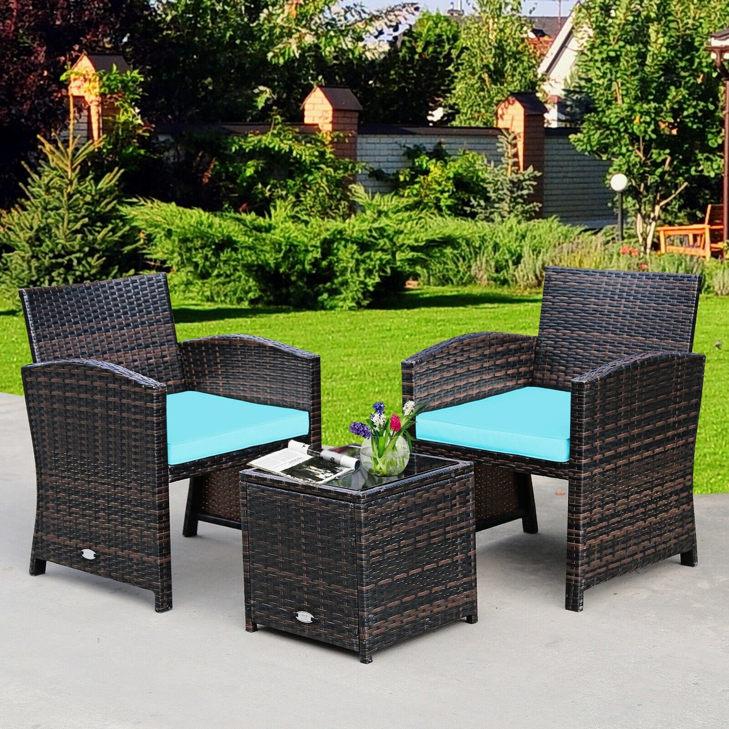 3 Pieces PE Rattan Wicker Furniture Set with Cushion Sofa Coffee Table for Garden, Turquoise Patio Conversation Sets   at Gallery Canada