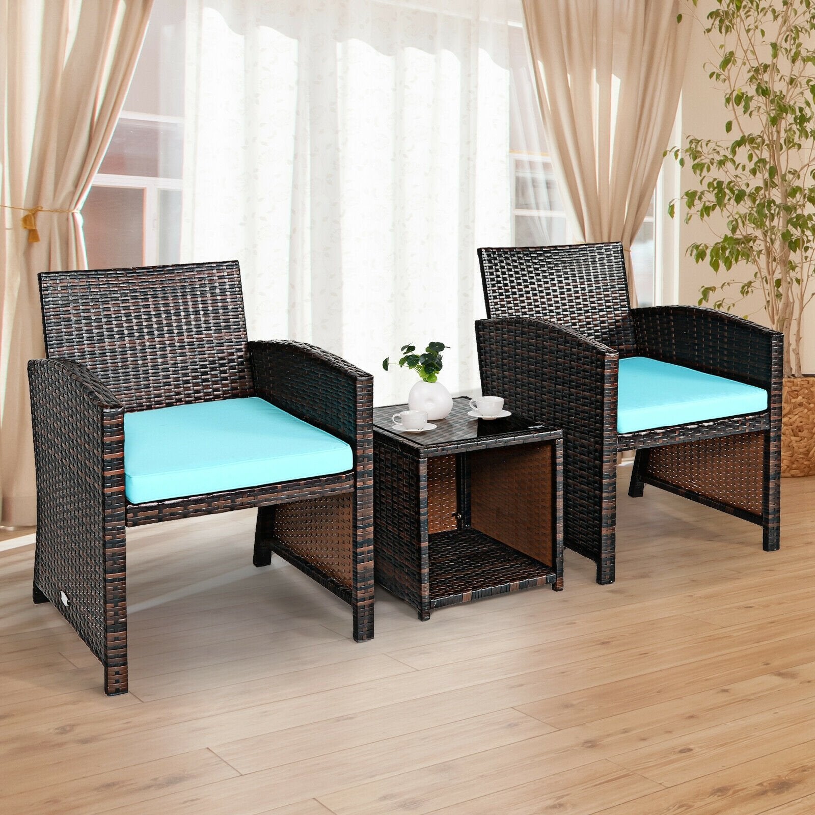 3 Pieces PE Rattan Wicker Furniture Set with Cushion Sofa Coffee Table for Garden, Turquoise Patio Conversation Sets   at Gallery Canada