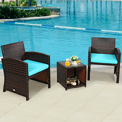 3 Pieces PE Rattan Wicker Furniture Set with Cushion Sofa Coffee Table for Garden, Turquoise Patio Conversation Sets   at Gallery Canada