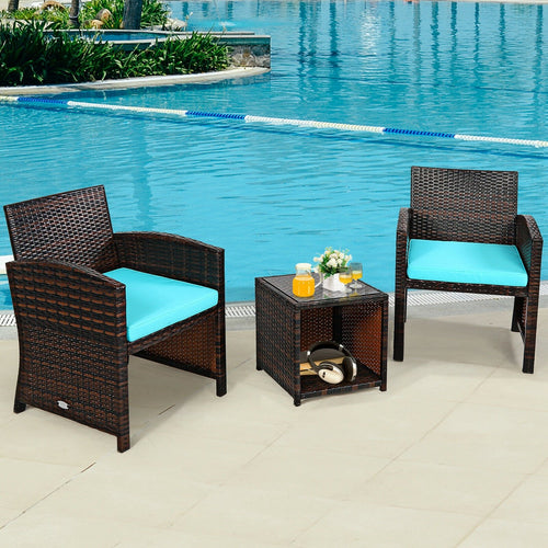 3 Pieces PE Rattan Wicker Furniture Set with Cushion Sofa Coffee Table for Garden, Turquoise