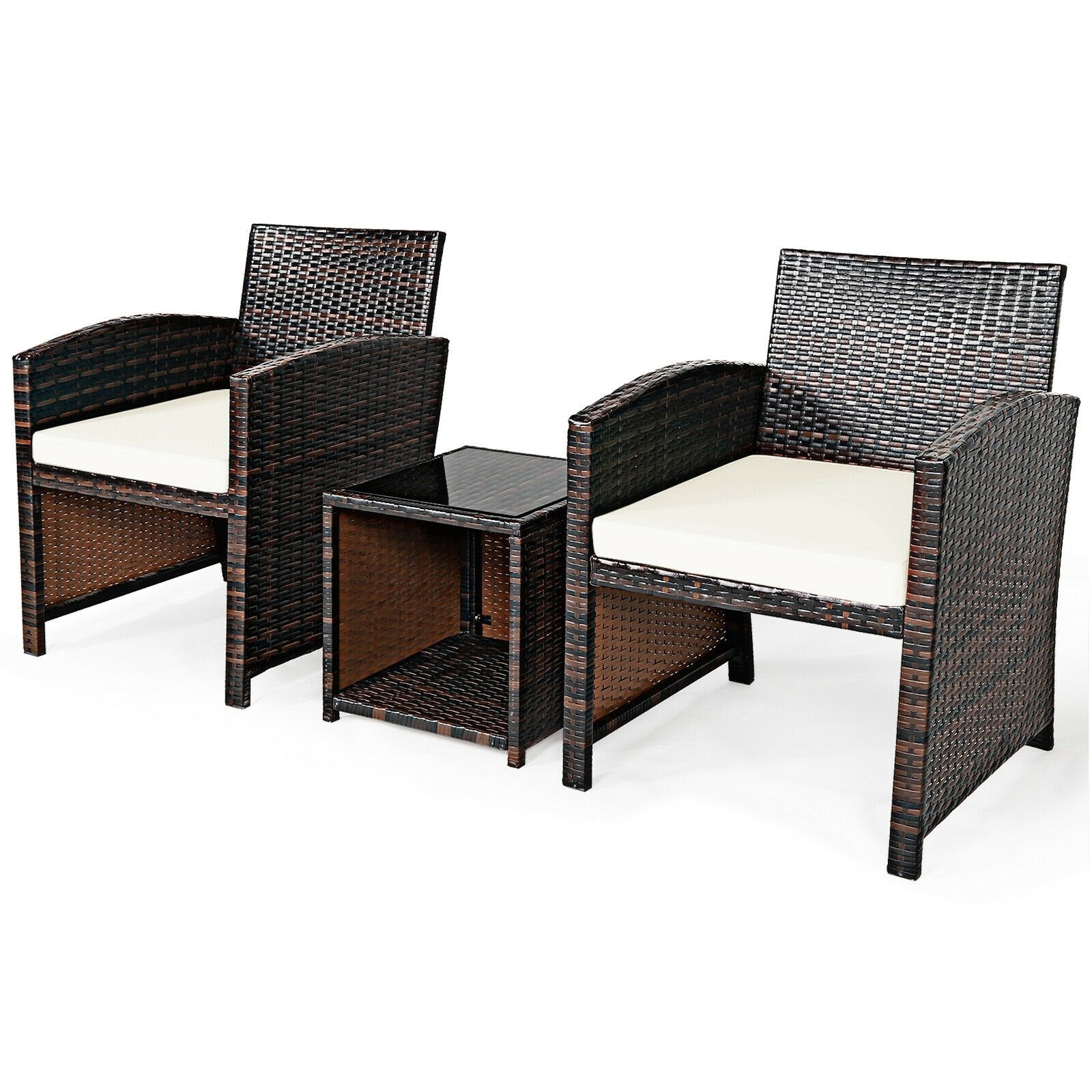 3 Pieces PE Rattan Wicker Furniture Set with Cushion Sofa Coffee Table for Garden, White Patio Conversation Sets   at Gallery Canada