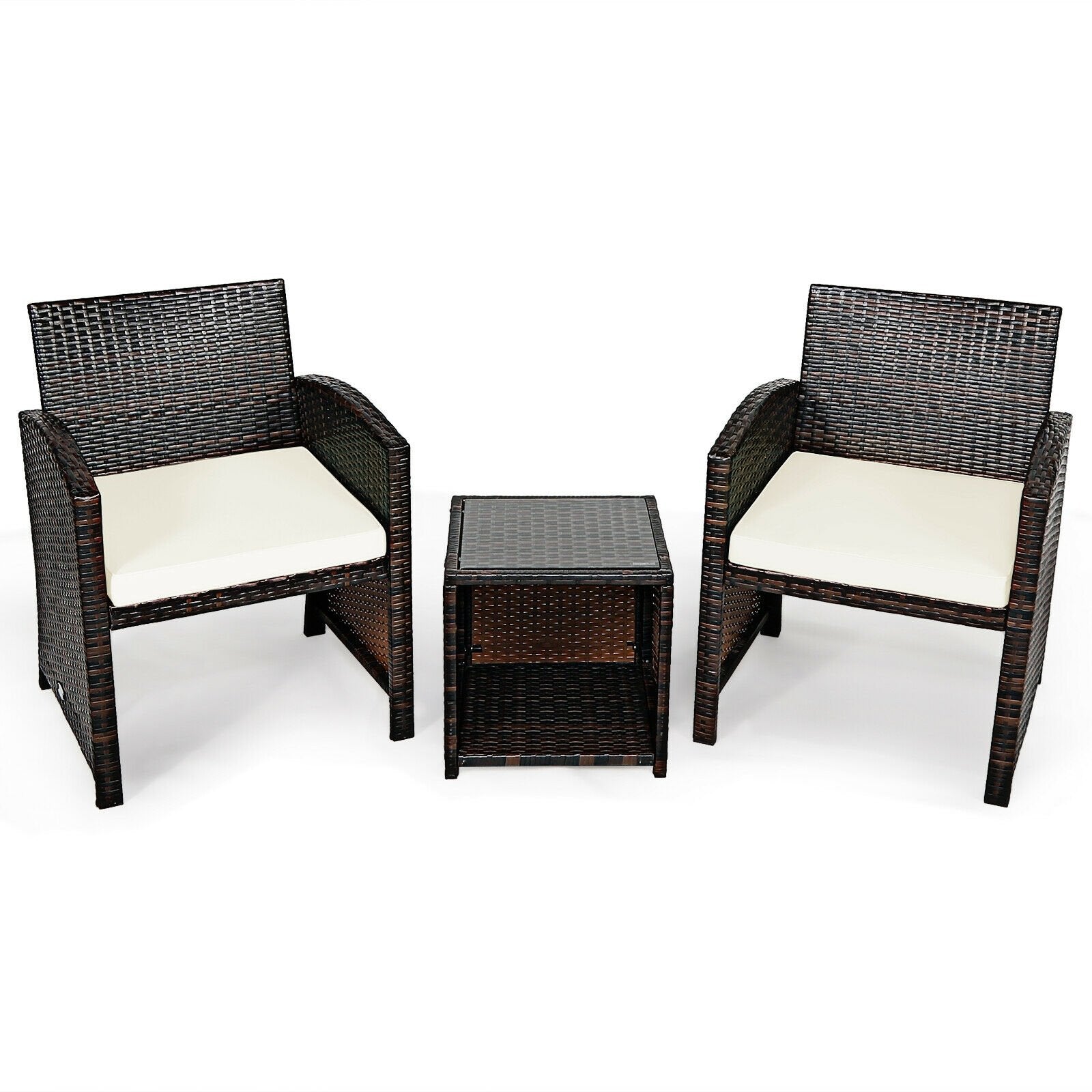 3 Pieces PE Rattan Wicker Furniture Set with Cushion Sofa Coffee Table for Garden, White Patio Conversation Sets   at Gallery Canada