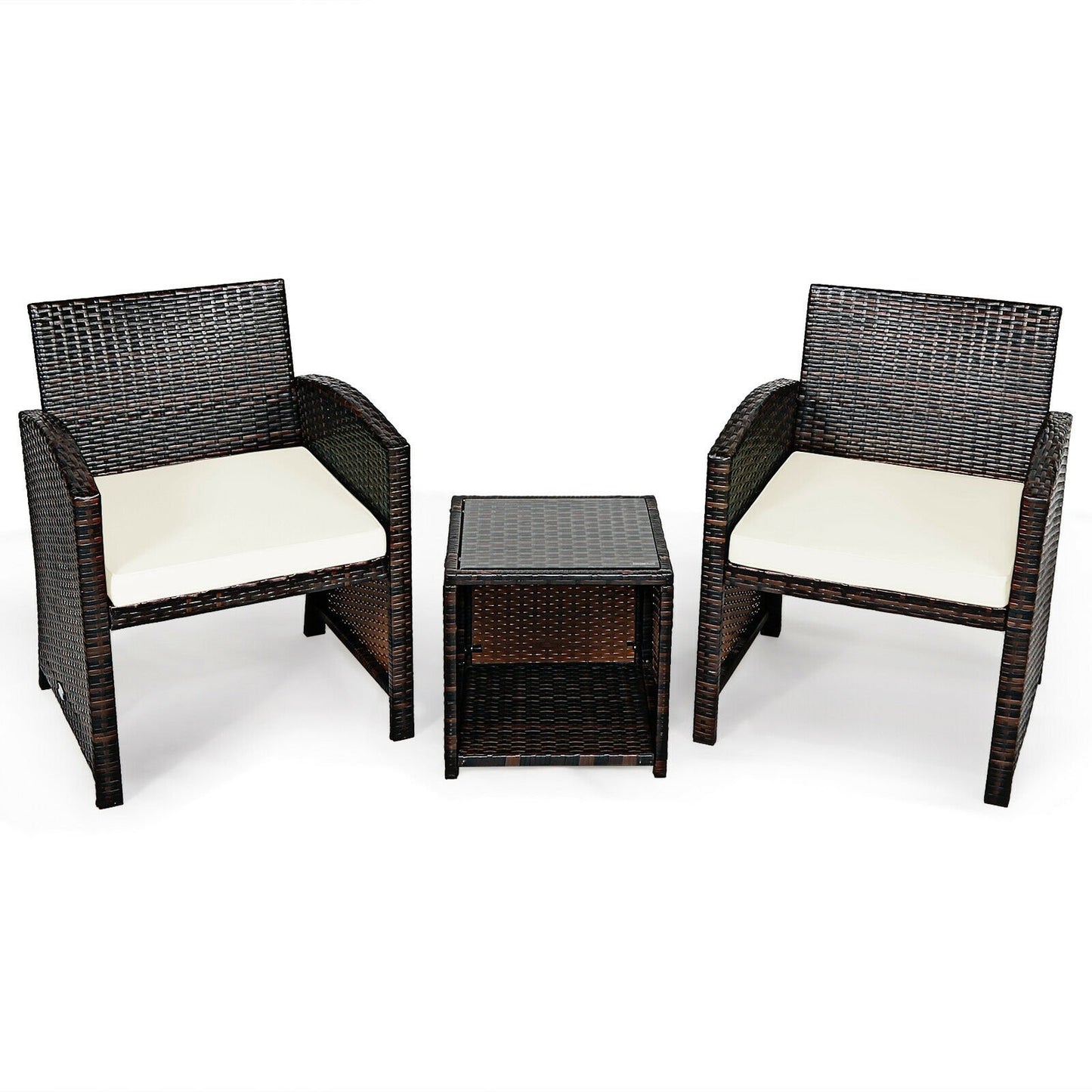 3 Pieces PE Rattan Wicker Furniture Set with Cushion Sofa Coffee Table for Garden, White Patio Conversation Sets   at Gallery Canada