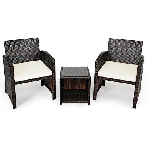 3 Pieces PE Rattan Wicker Furniture Set with Cushion Sofa Coffee Table for Garden, White