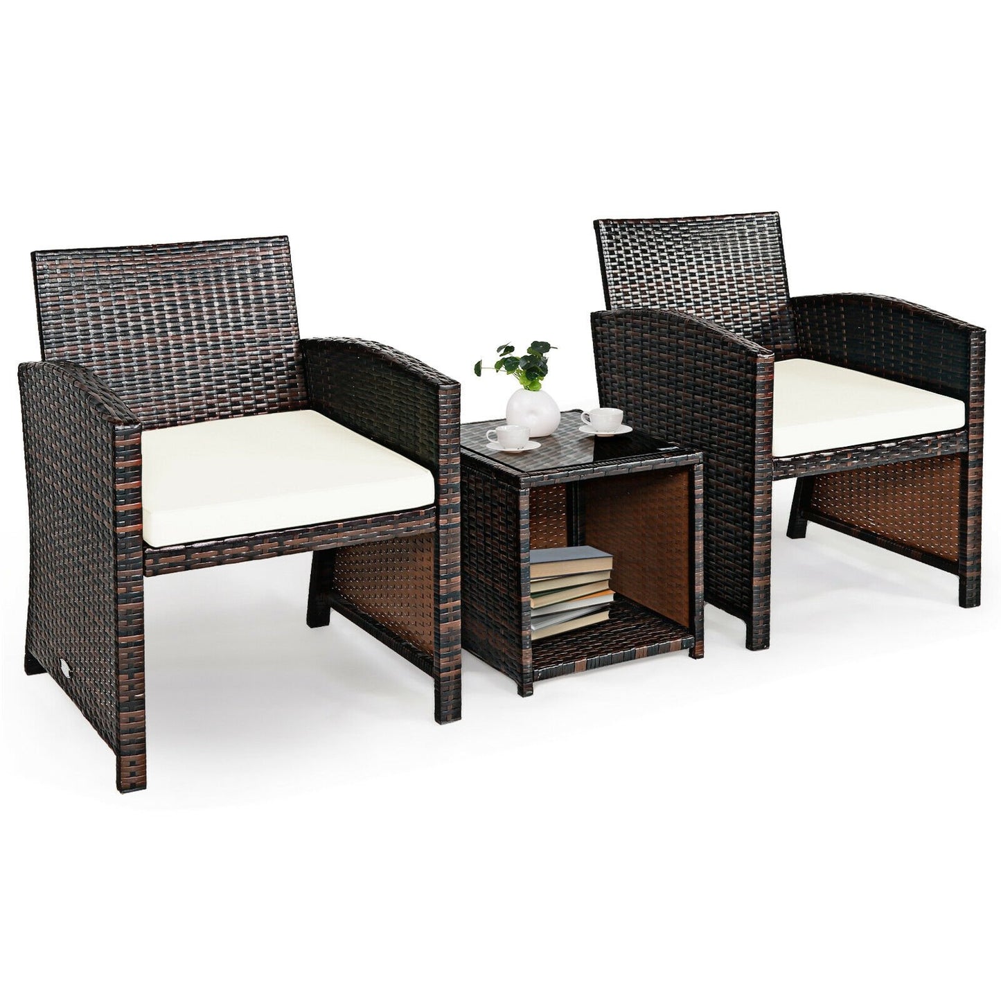 3 Pieces PE Rattan Wicker Furniture Set with Cushion Sofa Coffee Table for Garden, White Patio Conversation Sets   at Gallery Canada