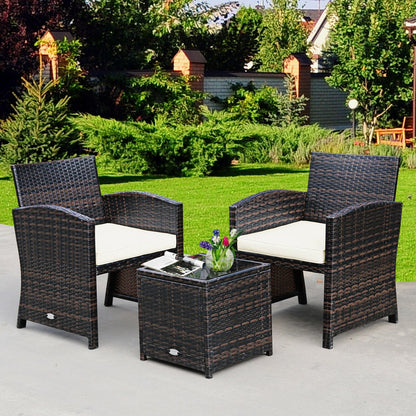 3 Pieces PE Rattan Wicker Furniture Set with Cushion Sofa Coffee Table for Garden, White Patio Conversation Sets   at Gallery Canada