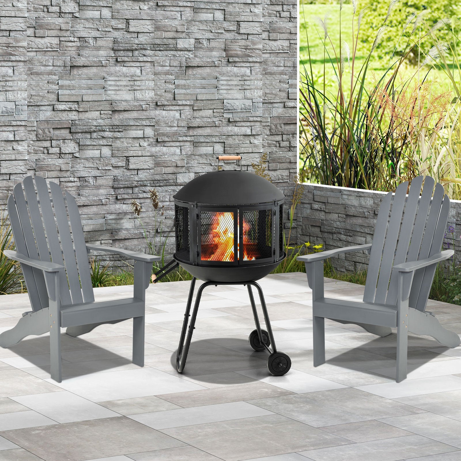 28 Inch Portable Fire Pit on Wheels with Log Grate, Black Fire Pits at Gallery Canada