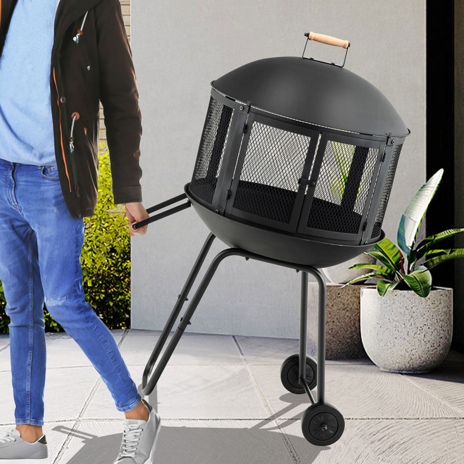28 Inch Portable Fire Pit on Wheels with Log Grate, Black Fire Pits at Gallery Canada