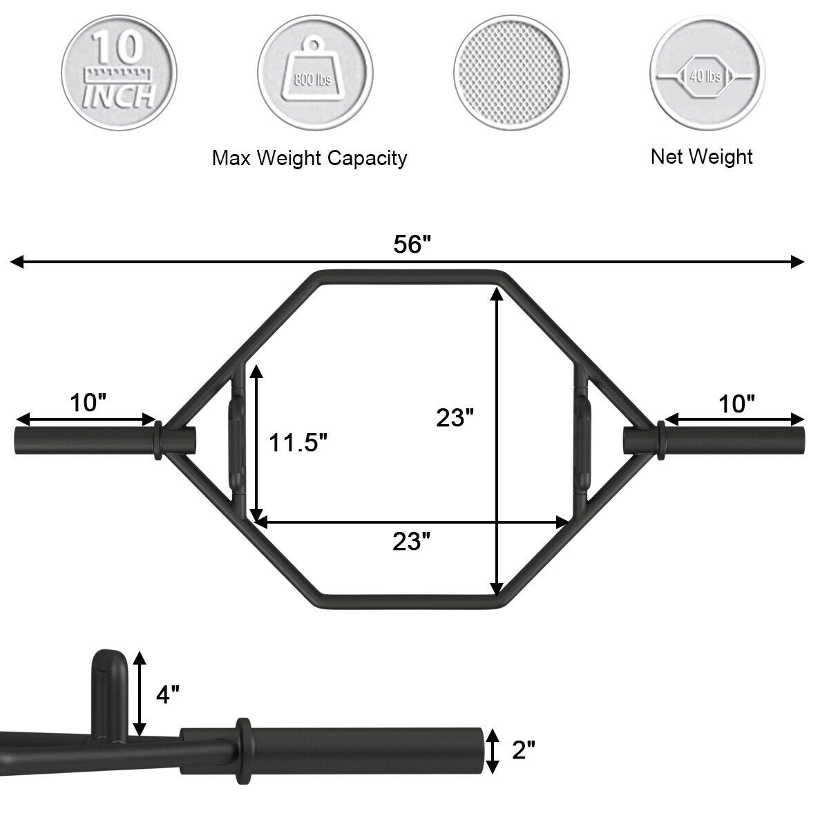 56 Inch Olympic Hexagon Deadlift Trap Bar with Folding Grips Powerlifting, Black - Gallery Canada