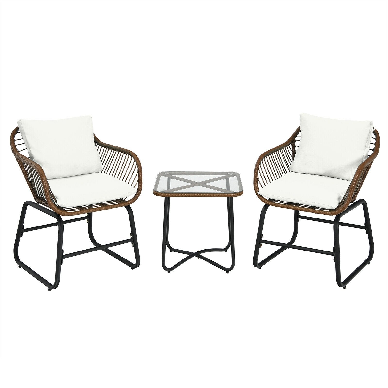 3 Pieces Patio Rattan Bistro Set with Cushions and Glass Table, White Patio Conversation Sets   at Gallery Canada