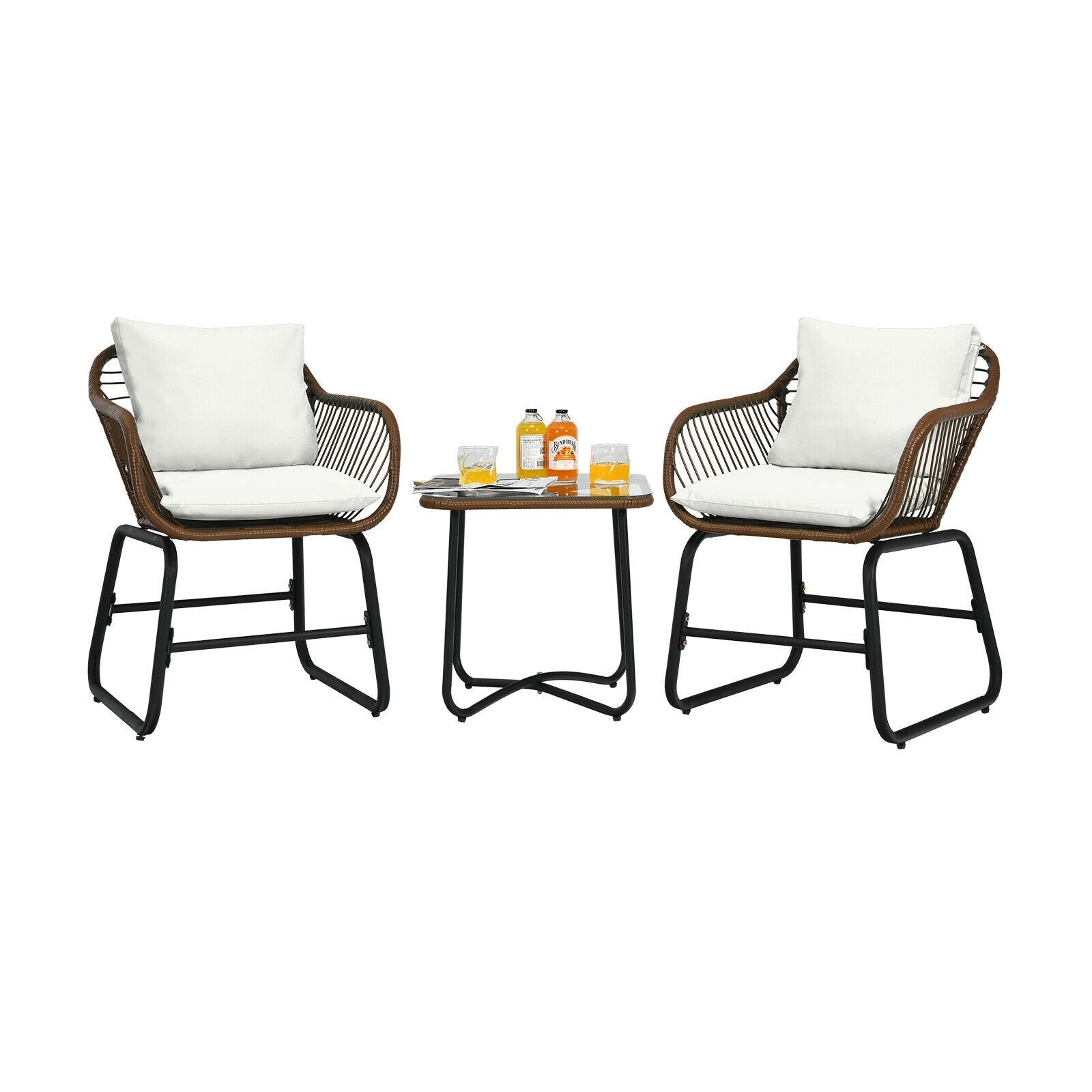 3 Pieces Patio Rattan Bistro Set with Cushions and Glass Table, White Patio Conversation Sets   at Gallery Canada