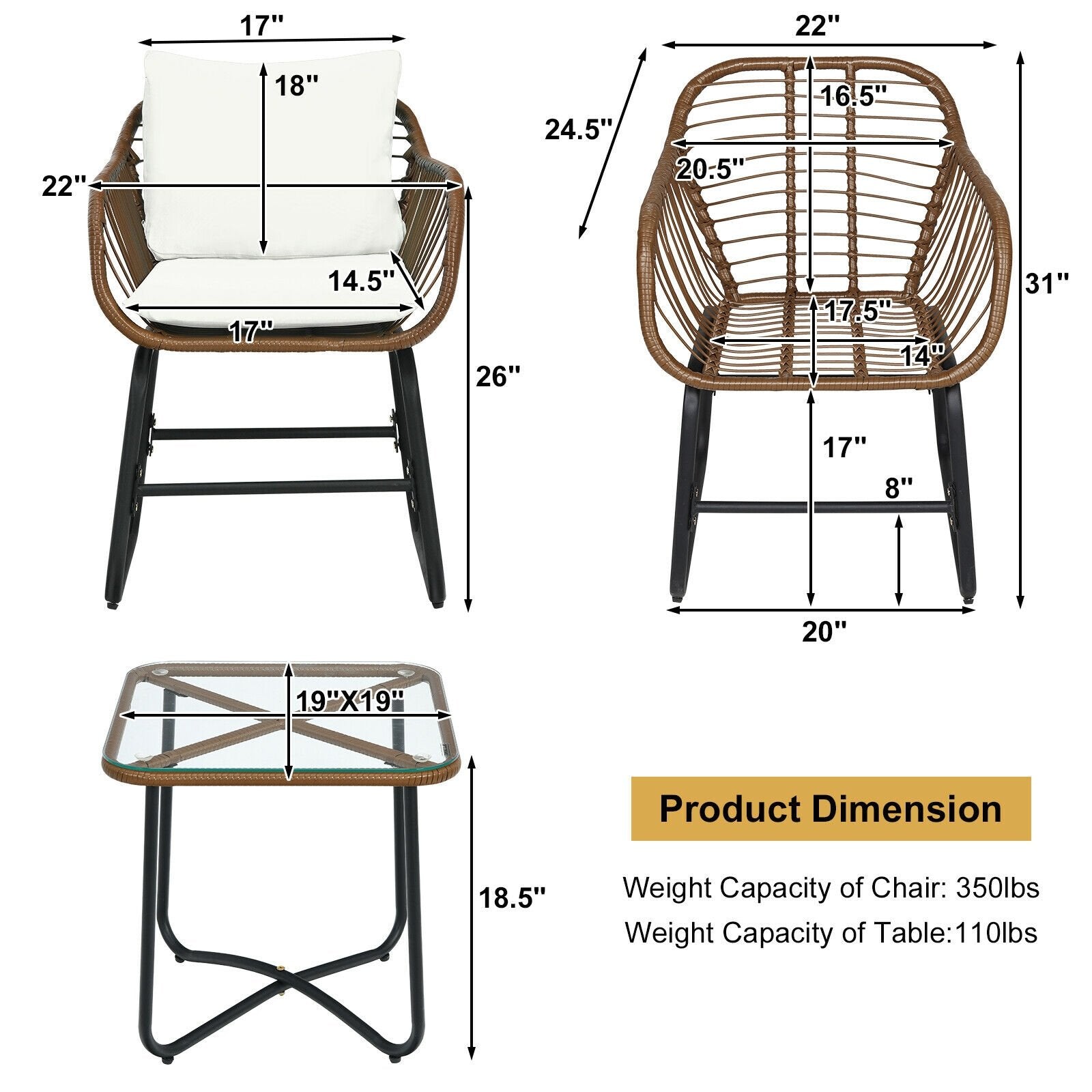 3 Pieces Patio Rattan Bistro Set with Cushions and Glass Table, White Patio Conversation Sets   at Gallery Canada