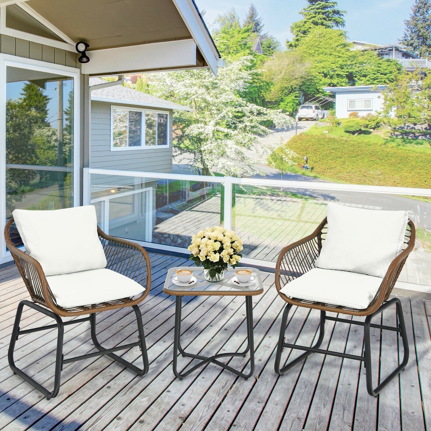 3 Pieces Patio Rattan Bistro Set with Cushions and Glass Table, White Patio Conversation Sets   at Gallery Canada