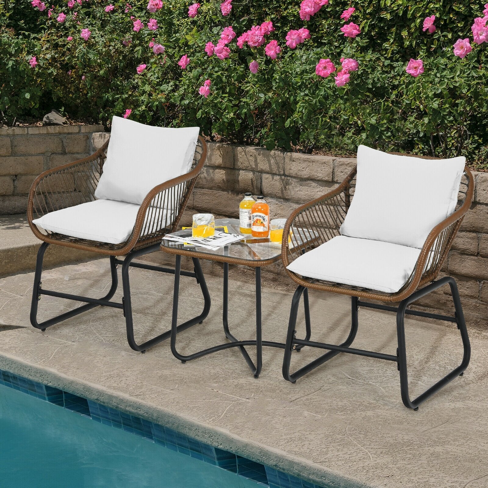 3 Pieces Patio Rattan Bistro Set with Cushions and Glass Table, White Patio Conversation Sets   at Gallery Canada