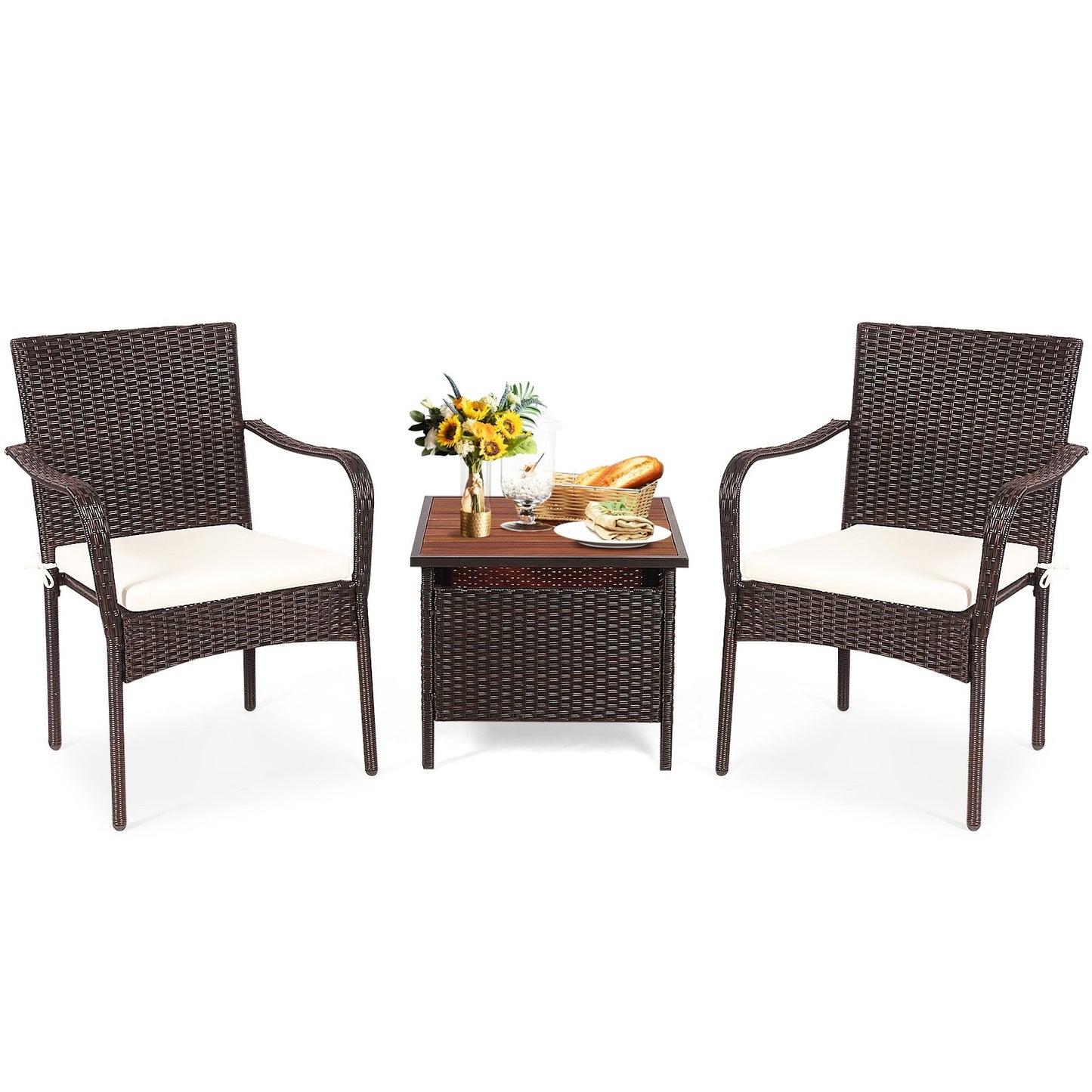 3 Pieces Patio Rattan Furniture Bistro Set with Wood Side Table and Stackable Chair Patio Conversation Sets   at Gallery Canada