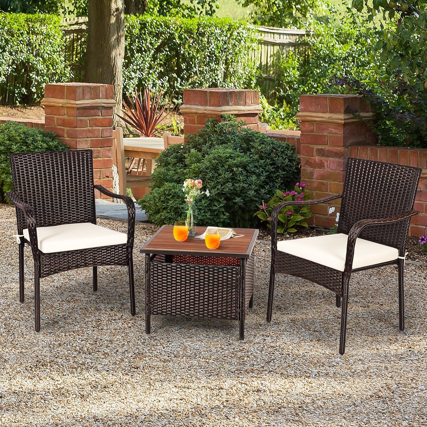 3 Pieces Patio Rattan Furniture Bistro Set with Wood Side Table and Stackable Chair Patio Conversation Sets   at Gallery Canada