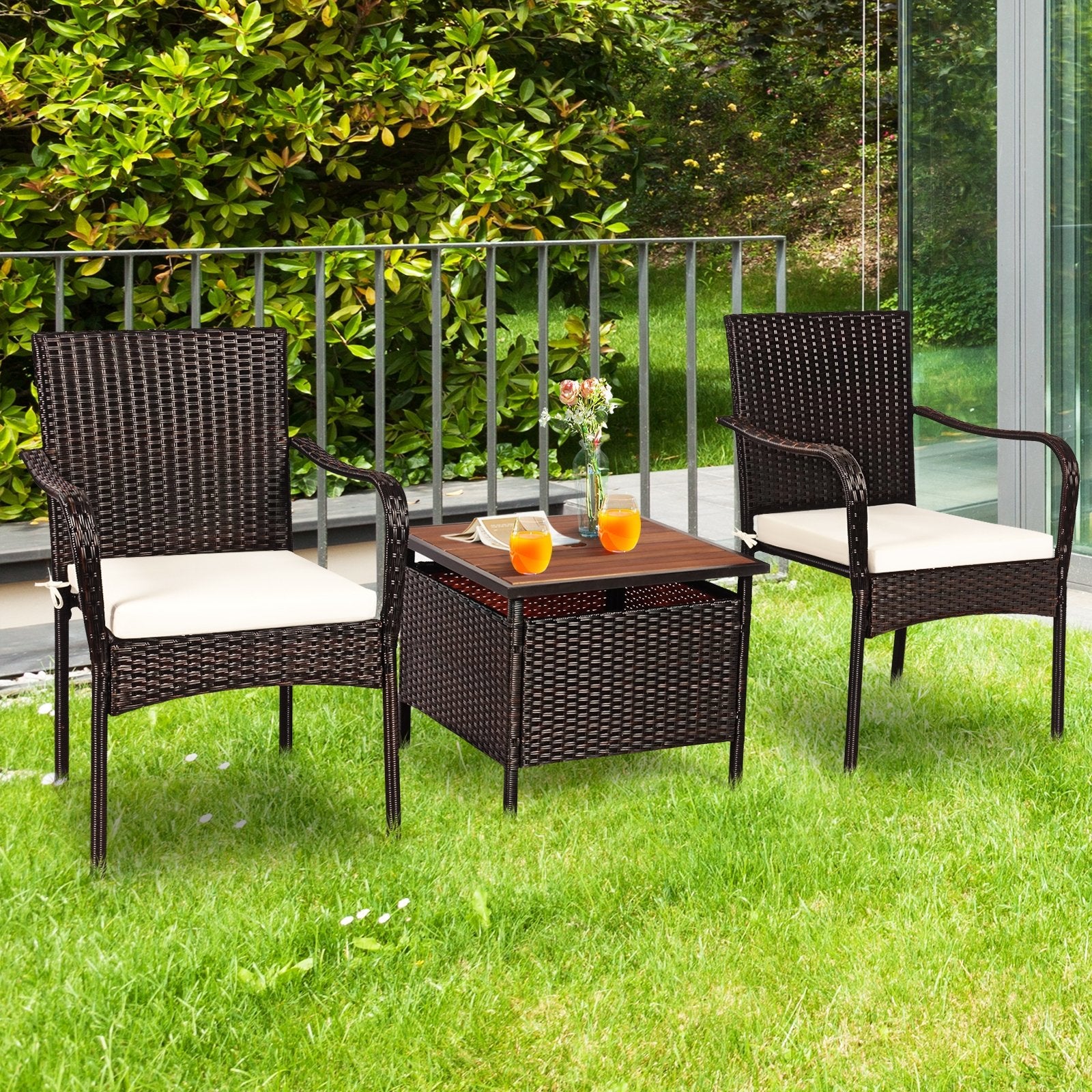 3 Pieces Patio Rattan Furniture Bistro Set with Wood Side Table and Stackable Chair Patio Conversation Sets   at Gallery Canada