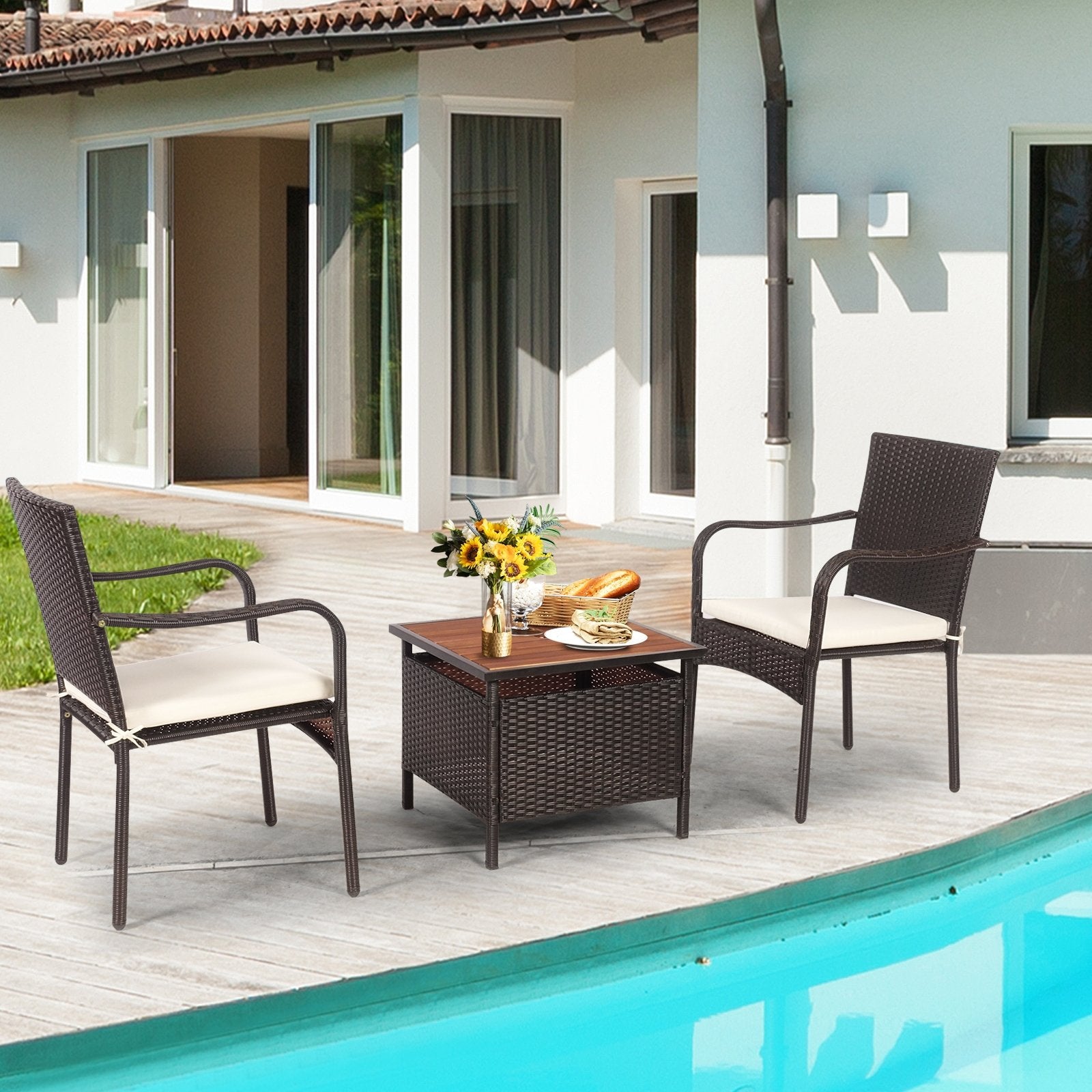 3 Pieces Patio Rattan Furniture Bistro Set with Wood Side Table and Stackable Chair Patio Conversation Sets   at Gallery Canada