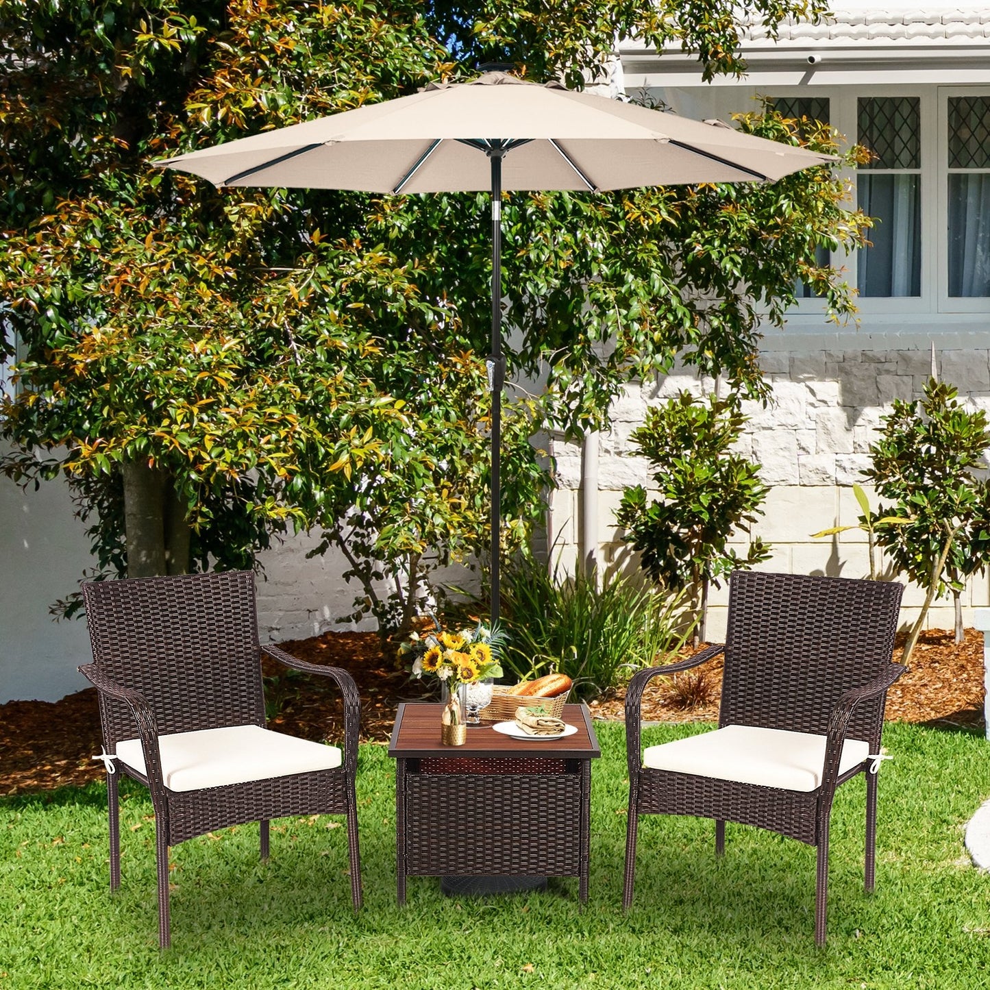 3 Pieces Patio Rattan Furniture Bistro Set with Wood Side Table and Stackable Chair Patio Conversation Sets   at Gallery Canada