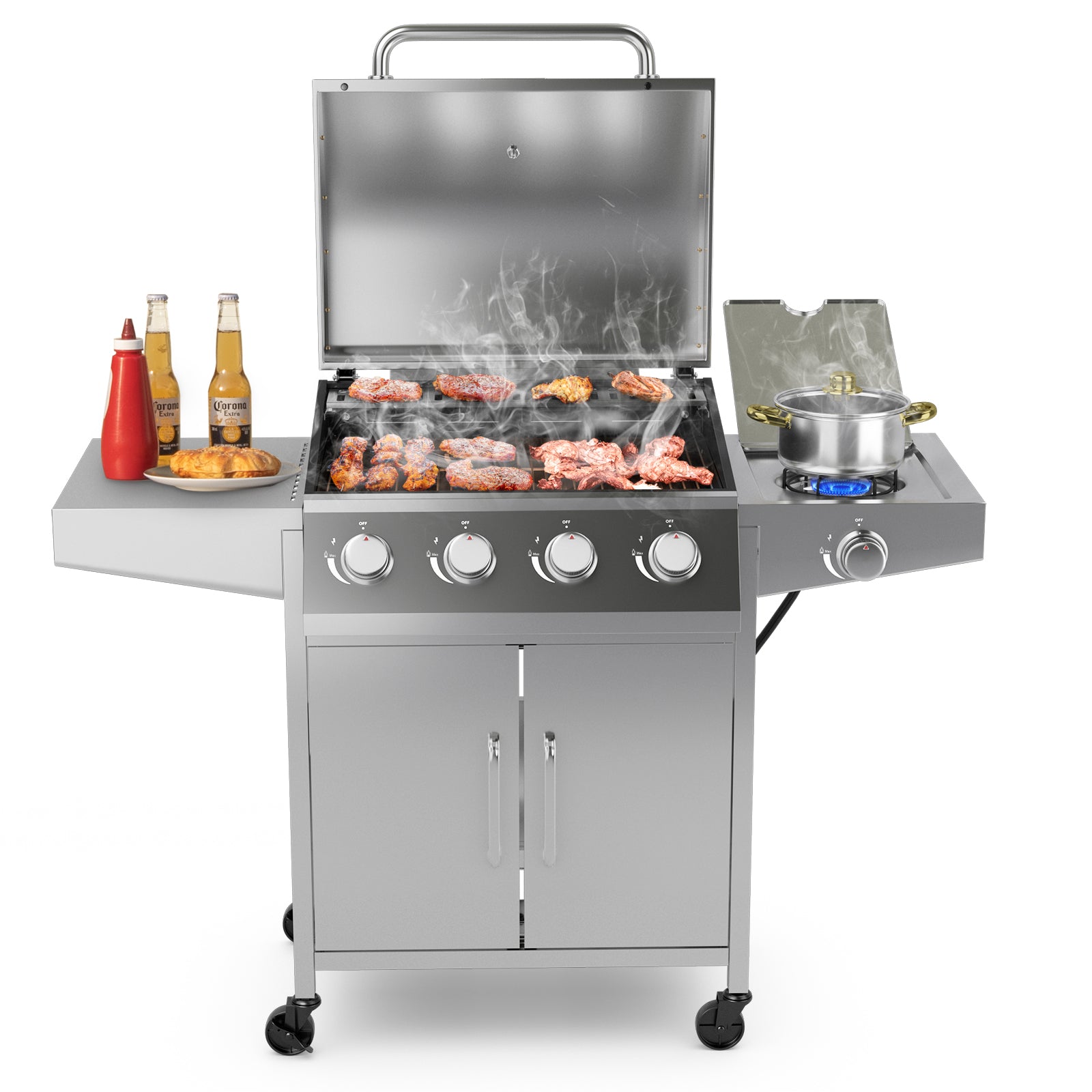 50000BTU 5-Burner Propane Gas Grill with Side Burner and 2 Prep Tables, Silver Outdoor Grills   at Gallery Canada