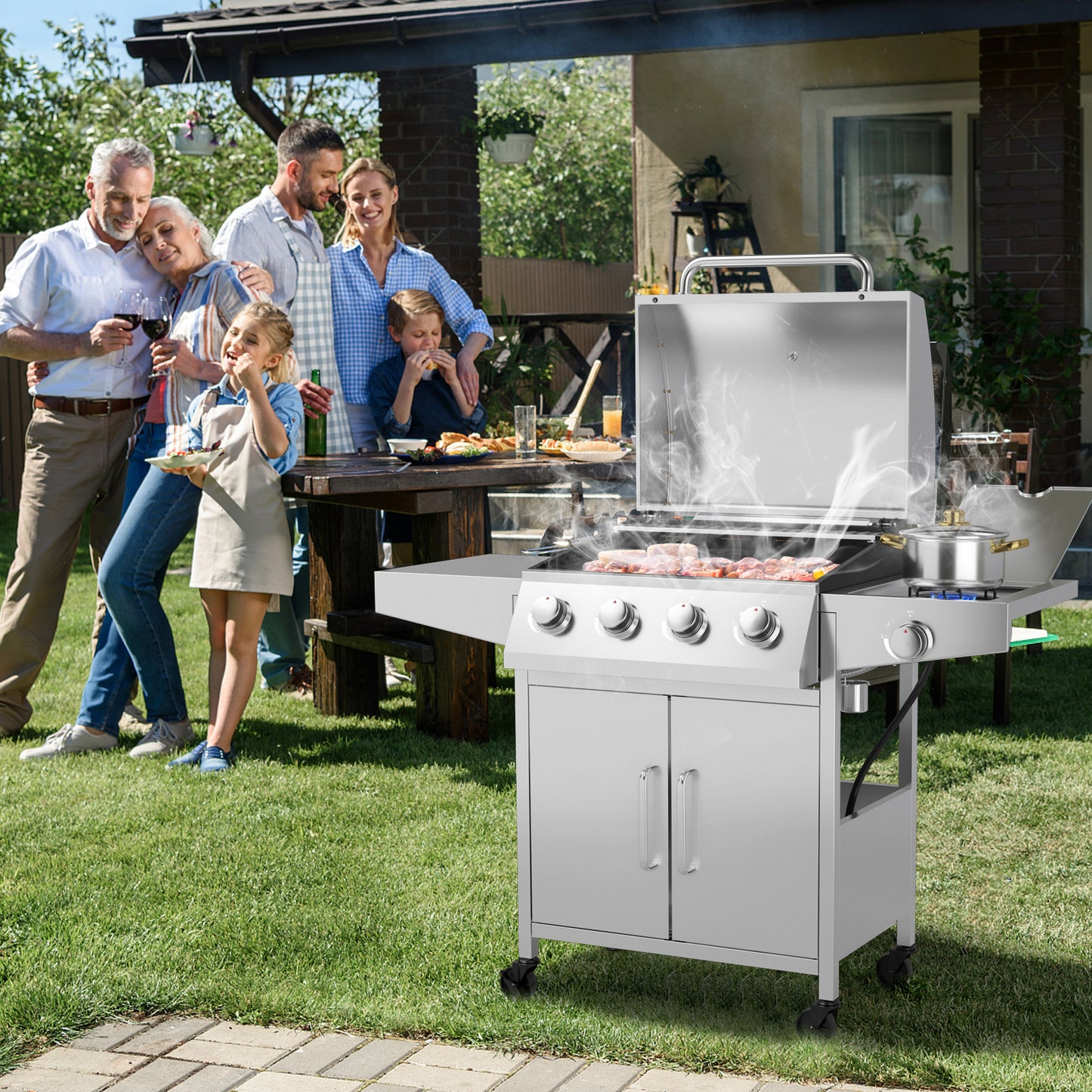 50000BTU 5-Burner Propane Gas Grill with Side Burner and 2 Prep Tables, Silver Outdoor Grills   at Gallery Canada