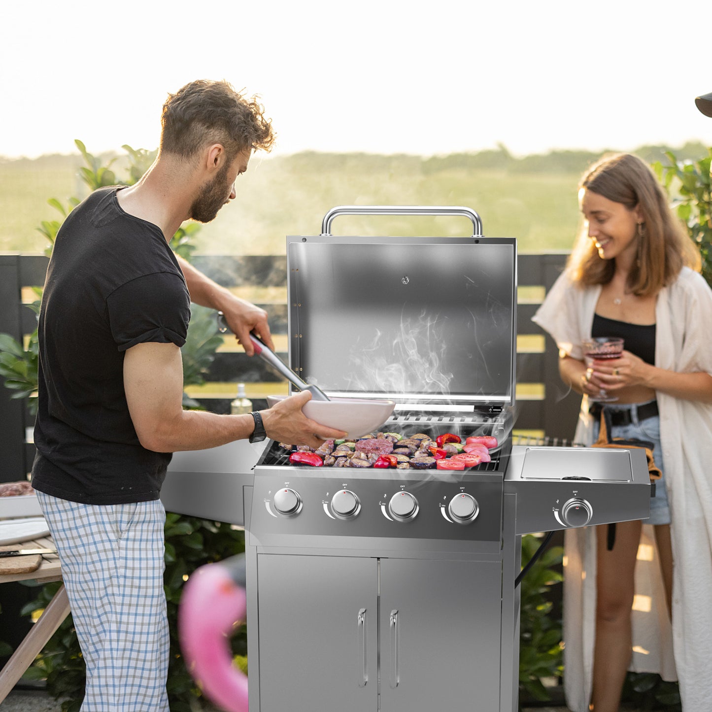 50000BTU 5-Burner Propane Gas Grill with Side Burner and 2 Prep Tables, Silver Outdoor Grills   at Gallery Canada