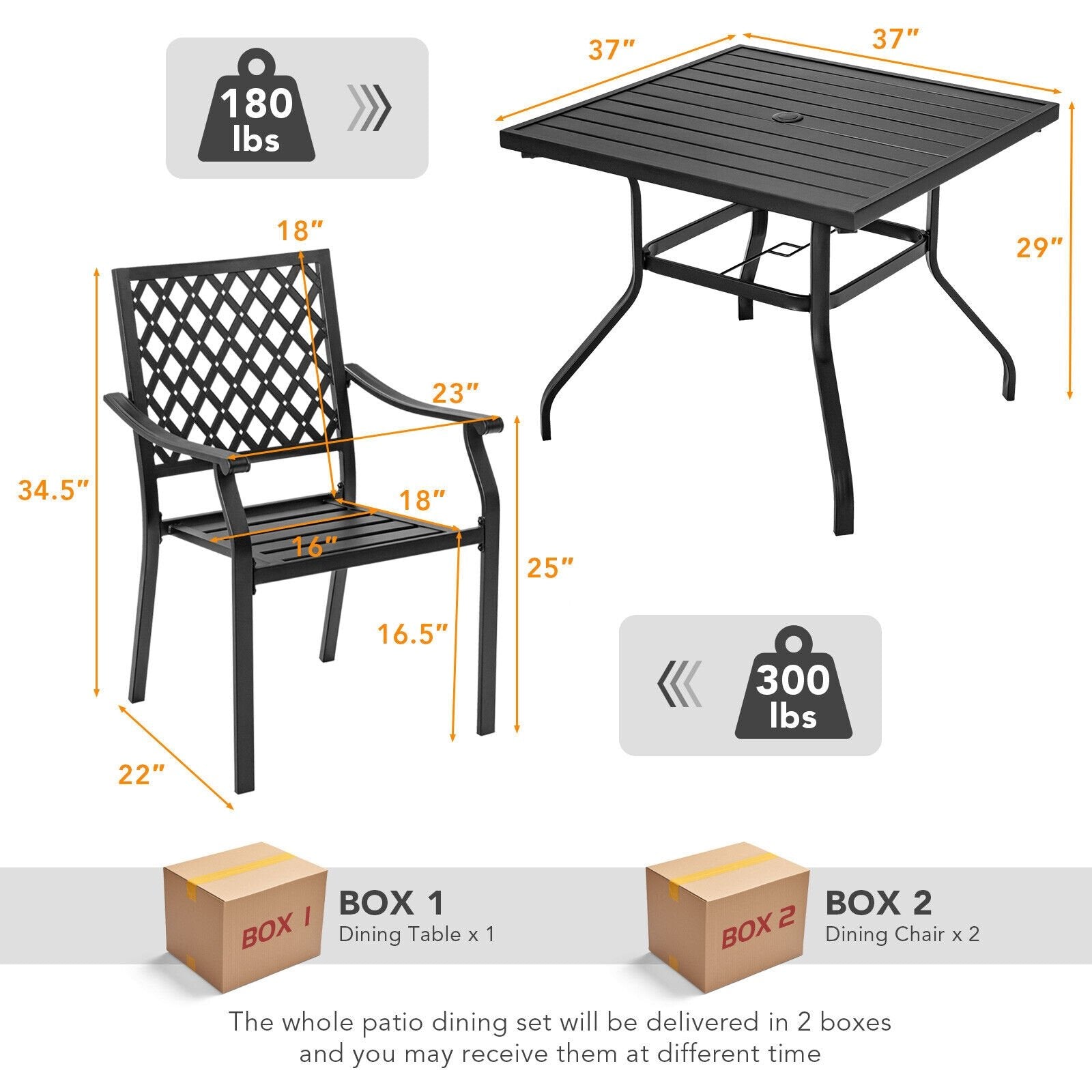 3 Pieces Patio Dining Set Stackable Chairs Armrest Table with Umbrella Hole Patio Dining Sets   at Gallery Canada