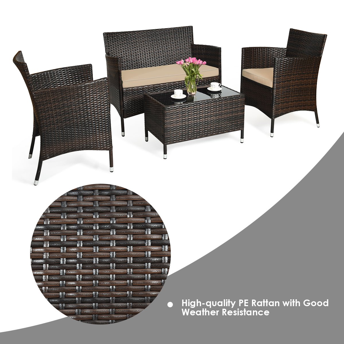 4 Pieces Comfortable Outdoor Rattan Sofa Set with Glass Coffee Table, Light Brown Patio Conversation Sets   at Gallery Canada