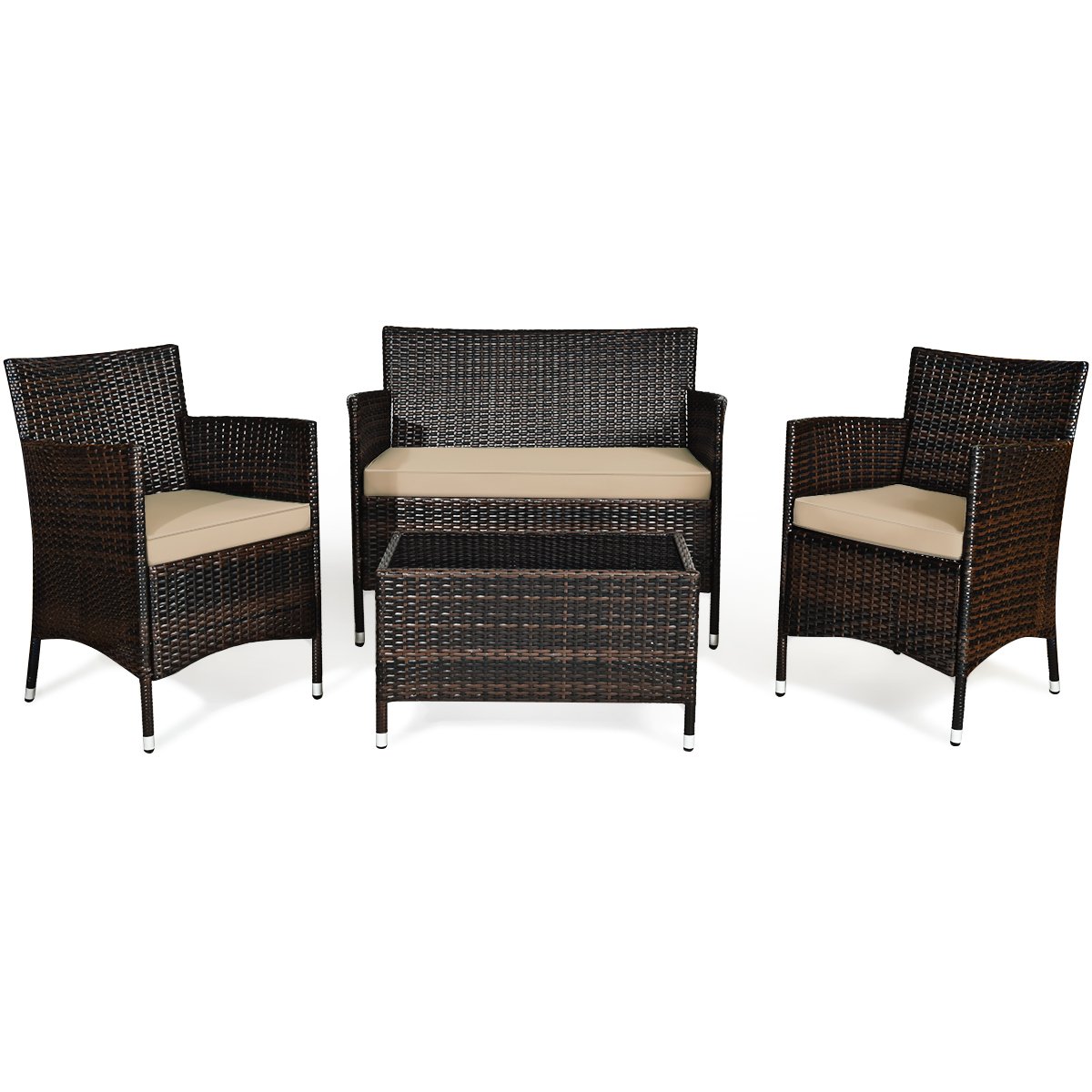 4 Pieces Comfortable Outdoor Rattan Sofa Set with Glass Coffee Table, Light Brown Patio Conversation Sets   at Gallery Canada