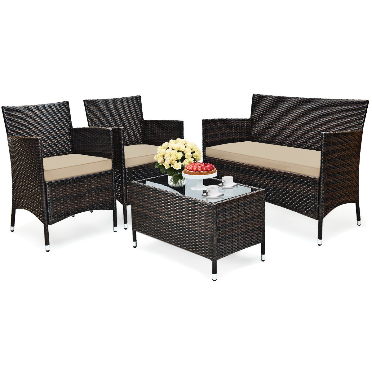 4 Pieces Comfortable Outdoor Rattan Sofa Set with Glass Coffee Table, Light Brown Patio Conversation Sets   at Gallery Canada