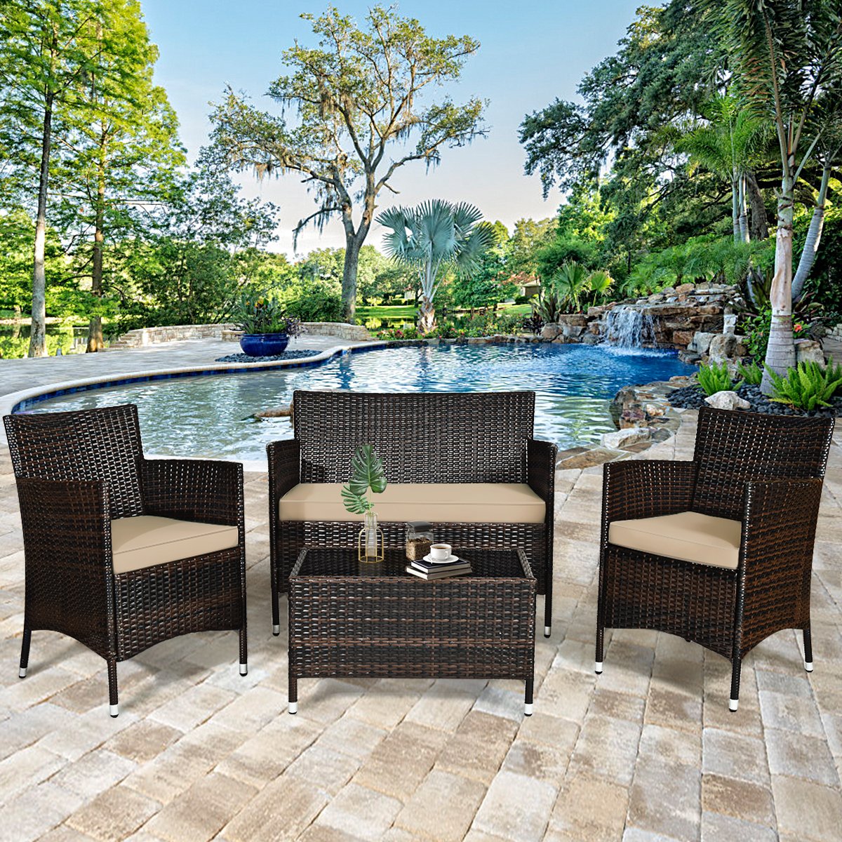 4 Pieces Comfortable Outdoor Rattan Sofa Set with Glass Coffee Table, Light Brown Patio Conversation Sets   at Gallery Canada