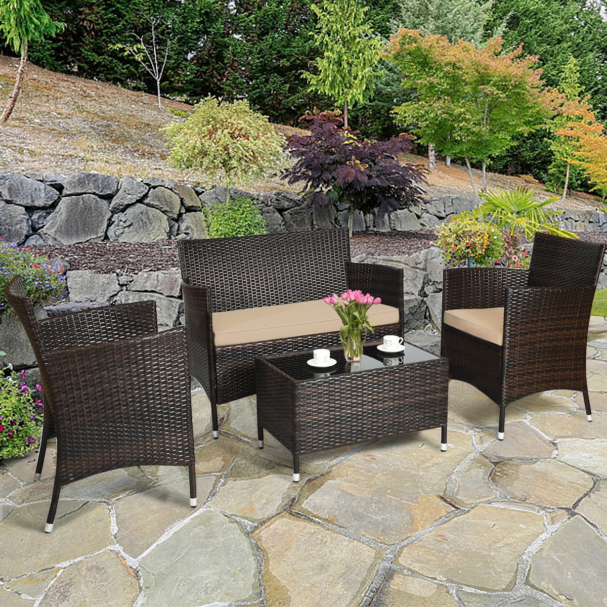 4 Pieces Comfortable Outdoor Rattan Sofa Set with Glass Coffee Table, Light Brown Patio Conversation Sets   at Gallery Canada