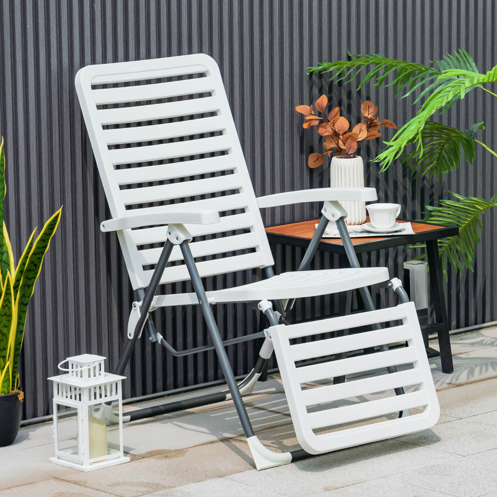 PP Folding Patio Chaise Lounger with 7-Level Backrest and Cozy Footrest, White Outdoor Chaise Lounges   at Gallery Canada