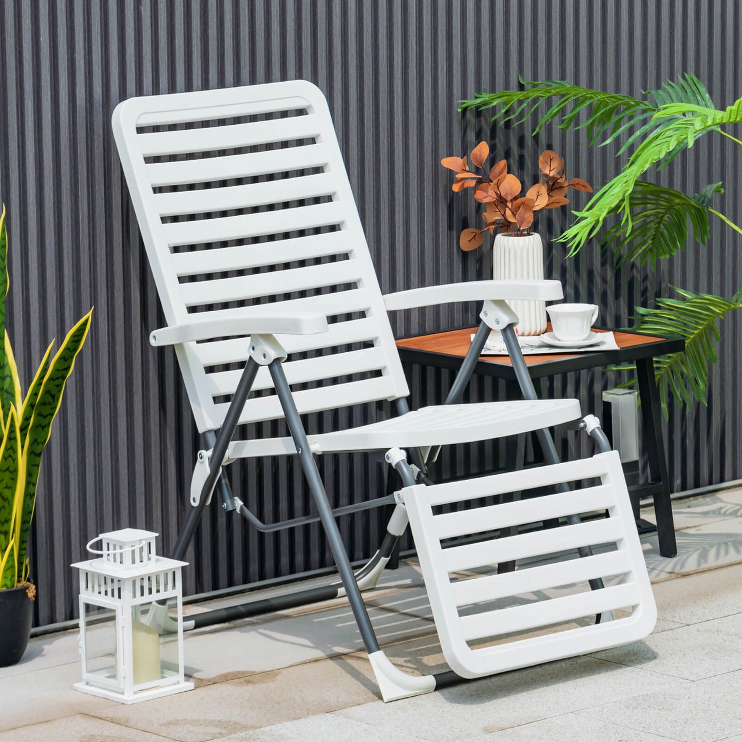 PP Folding Patio Chaise Lounger with 7-Level Backrest and Cozy Footrest, White Outdoor Chaise Lounges   at Gallery Canada