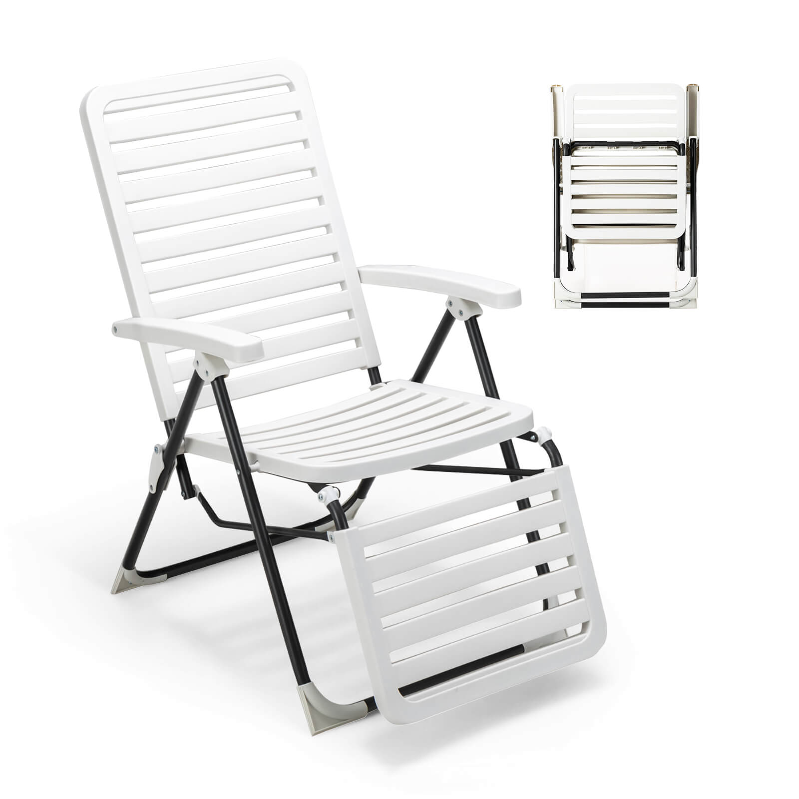 PP Folding Patio Chaise Lounger with 7-Level Backrest and Cozy Footrest, White Outdoor Chaise Lounges   at Gallery Canada