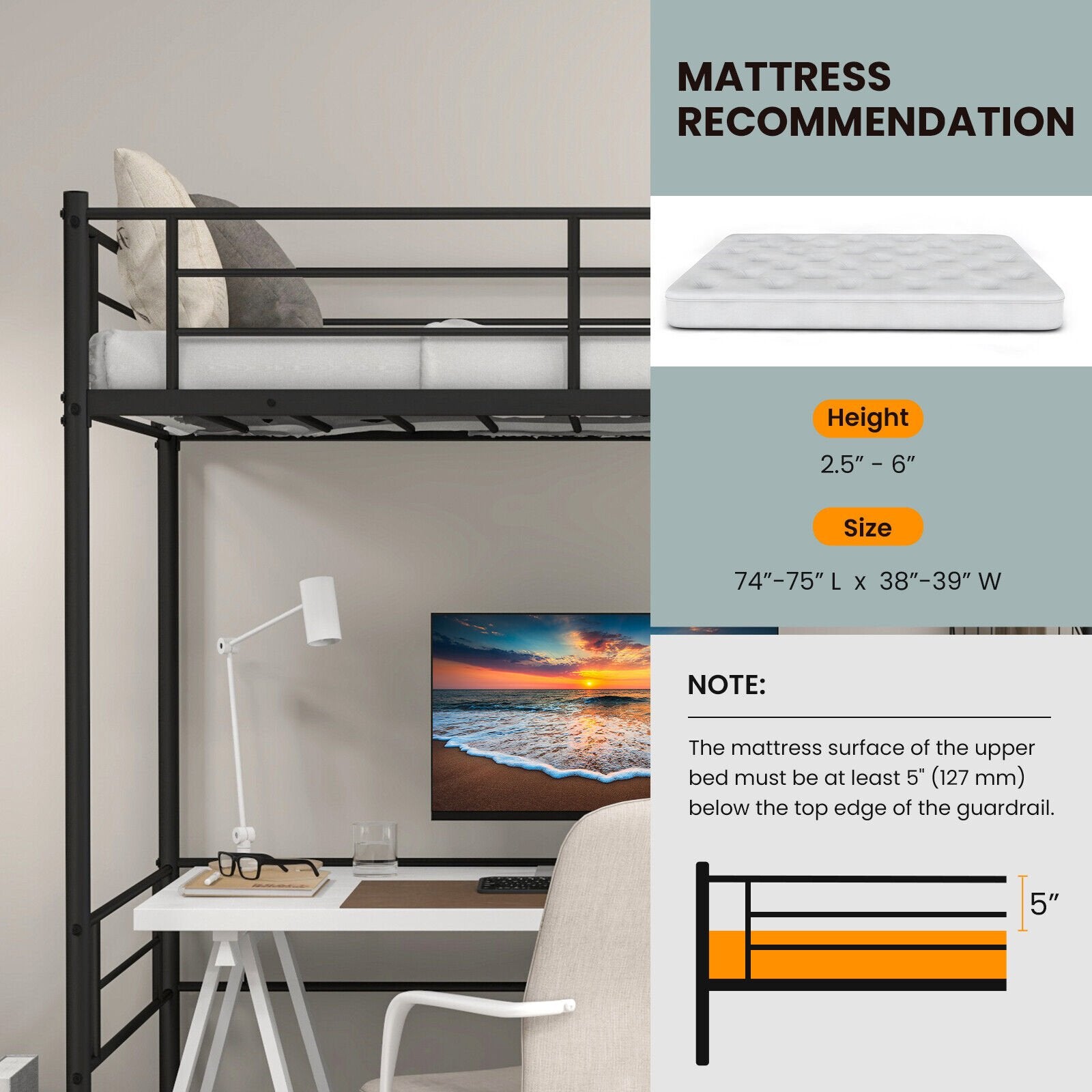 Metal Loft Twin Bed Frame Single High Loft Bed, Black Bunk Bed Frame   at Gallery Canada