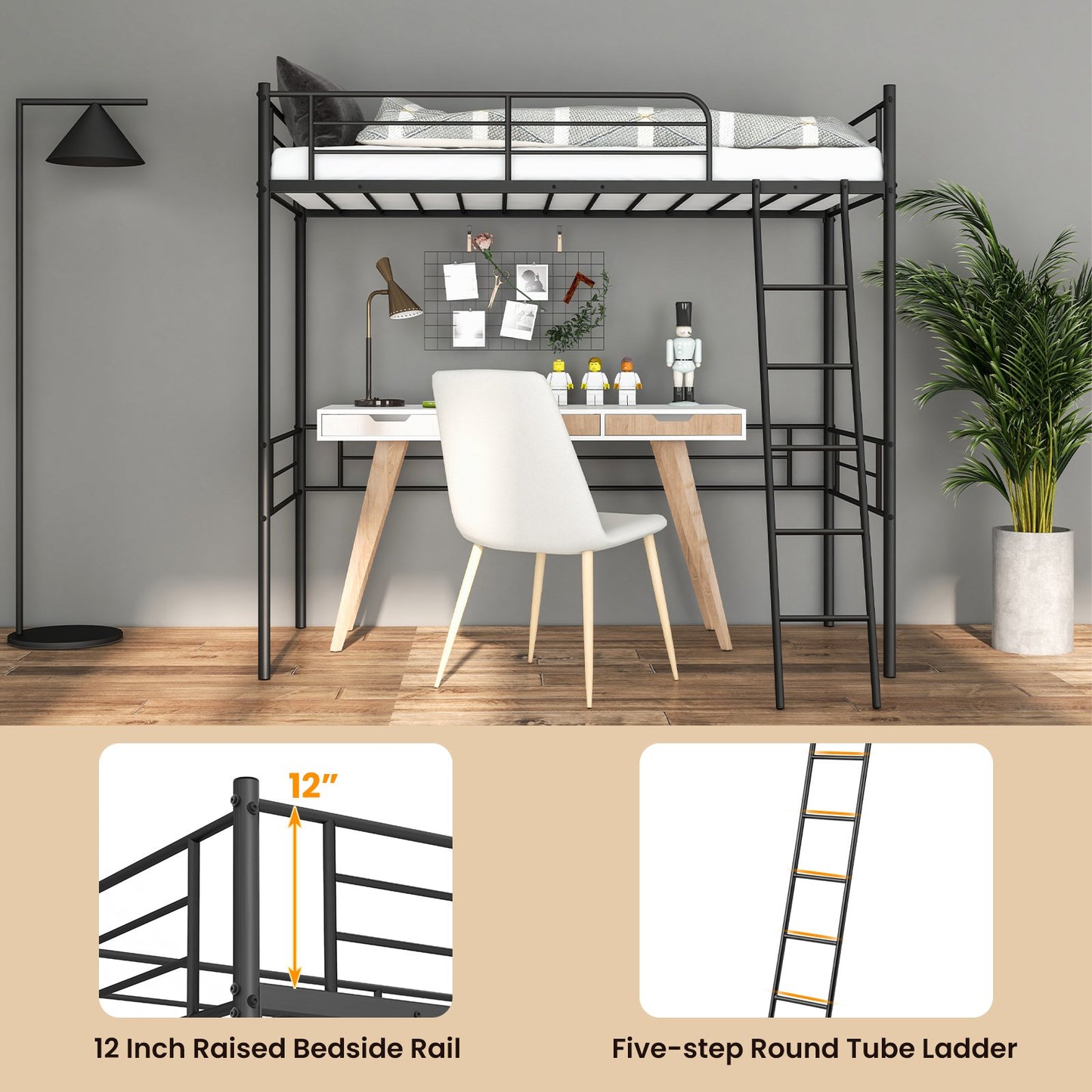 Metal Loft Twin Bed Frame Single High Loft Bed, Black Bunk Bed Frame   at Gallery Canada