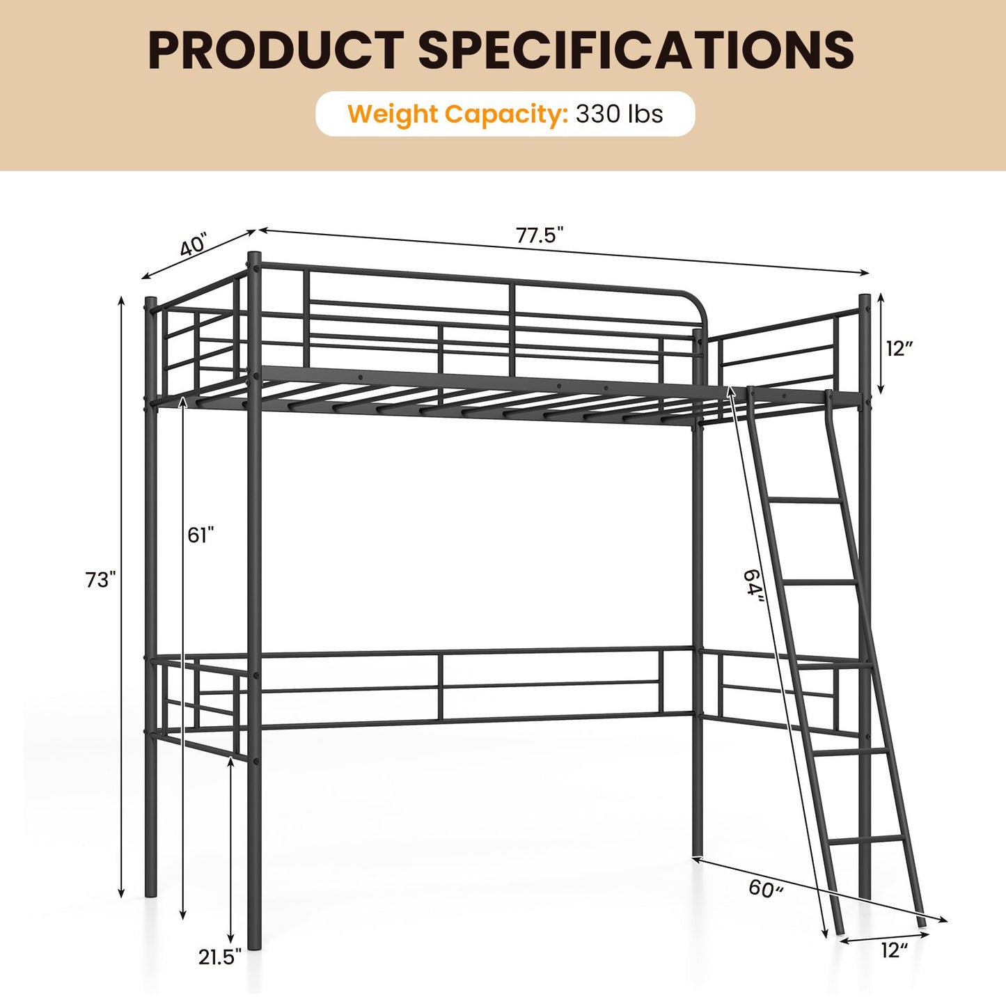 Metal Loft Twin Bed Frame Single High Loft Bed, Black Bunk Bed Frame   at Gallery Canada