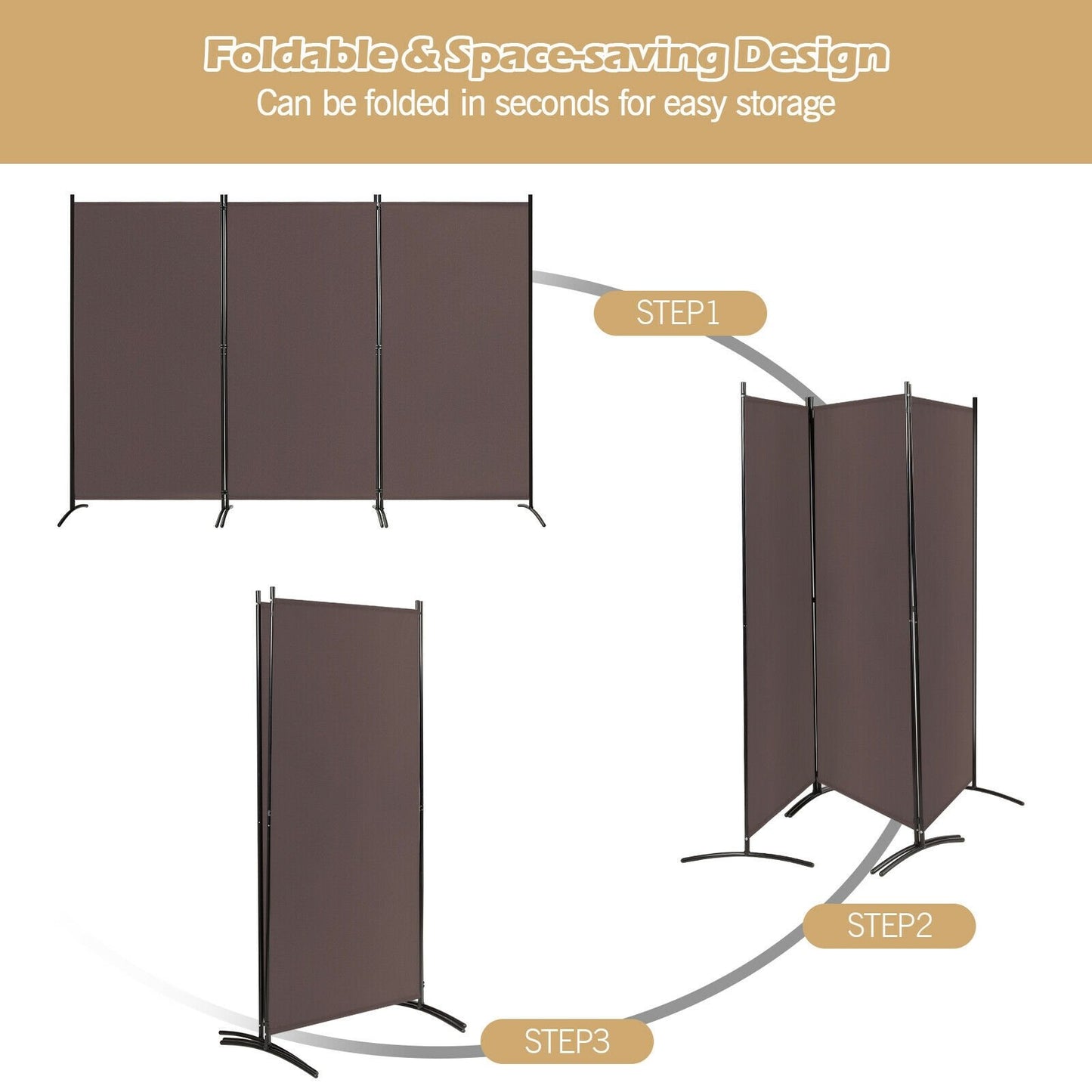 3-Panel Room Divider Folding Privacy Partition Screen for Office Room, Brown Room Dividers   at Gallery Canada