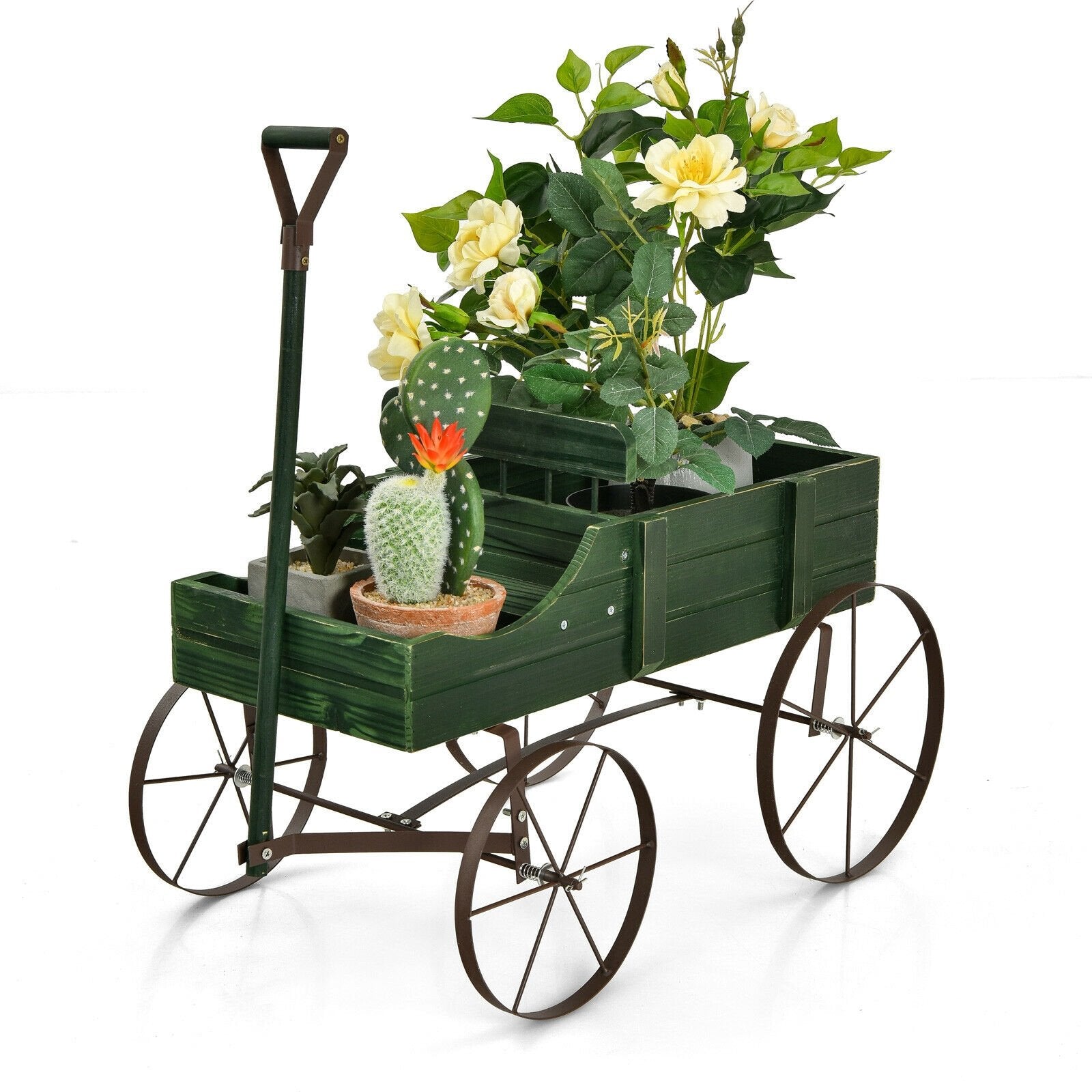 Wooden Wagon Plant Bed With Wheel for Garden Yard, Green Plant Stands   at Gallery Canada