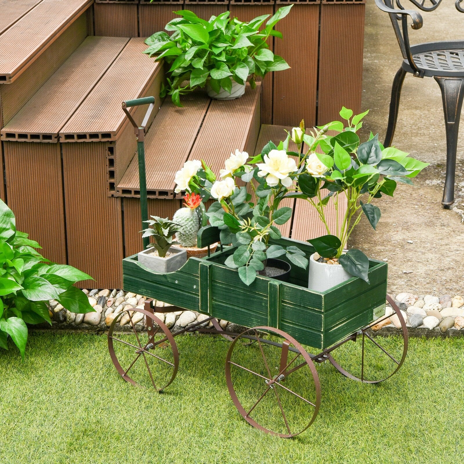 Wooden Wagon Plant Bed With Wheel for Garden Yard, Green Plant Stands   at Gallery Canada