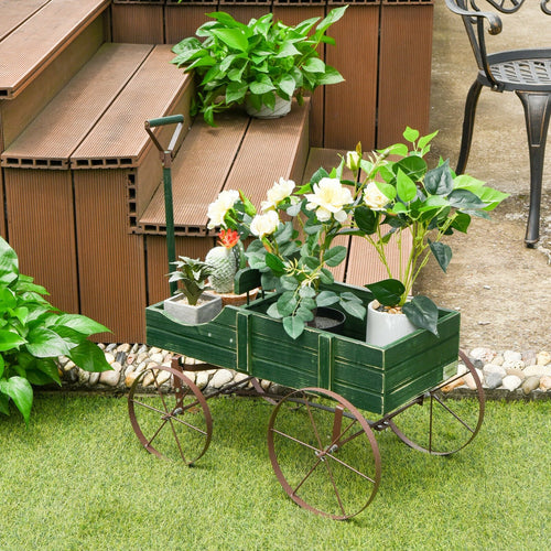 Wooden Wagon Plant Bed With Wheel for Garden Yard, Green