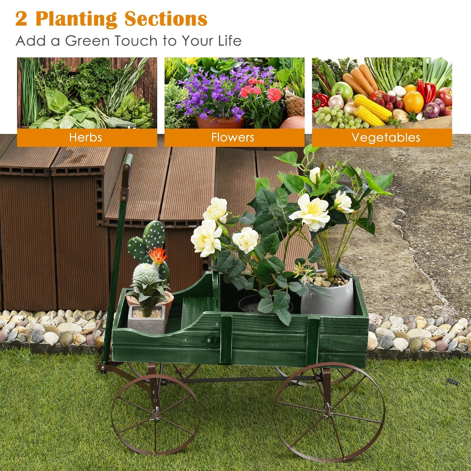 Wooden Wagon Plant Bed With Wheel for Garden Yard, Green Plant Stands   at Gallery Canada