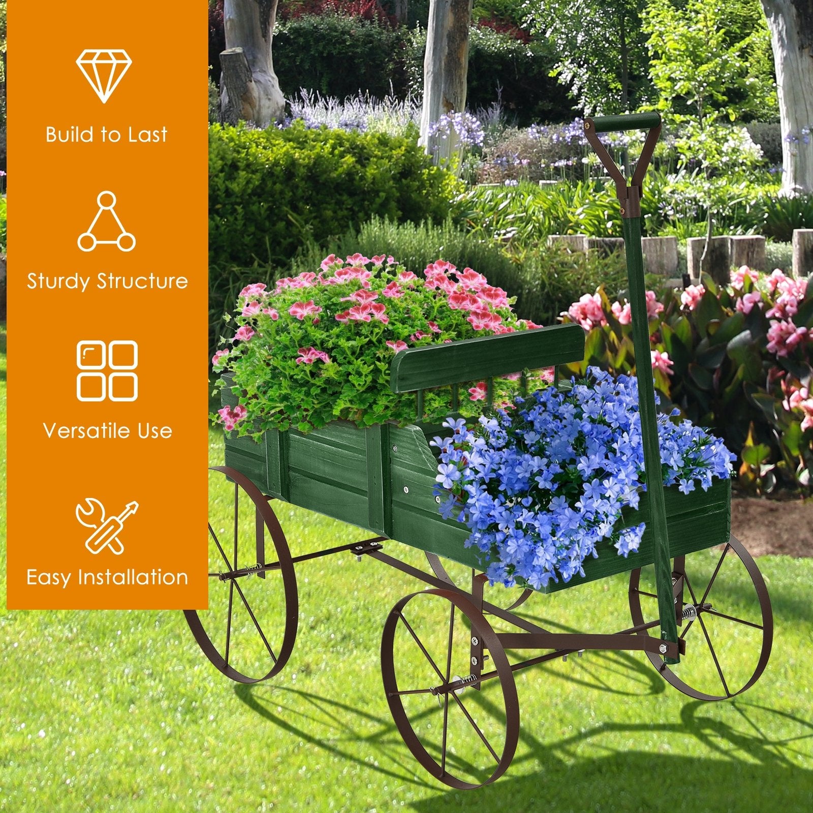 Wooden Wagon Plant Bed With Wheel for Garden Yard, Green Plant Stands   at Gallery Canada