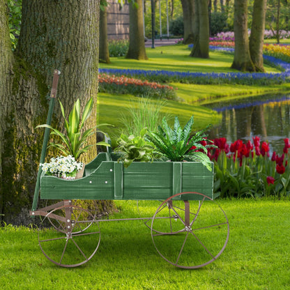 Wooden Wagon Plant Bed With Wheel for Garden Yard, Green Plant Stands   at Gallery Canada