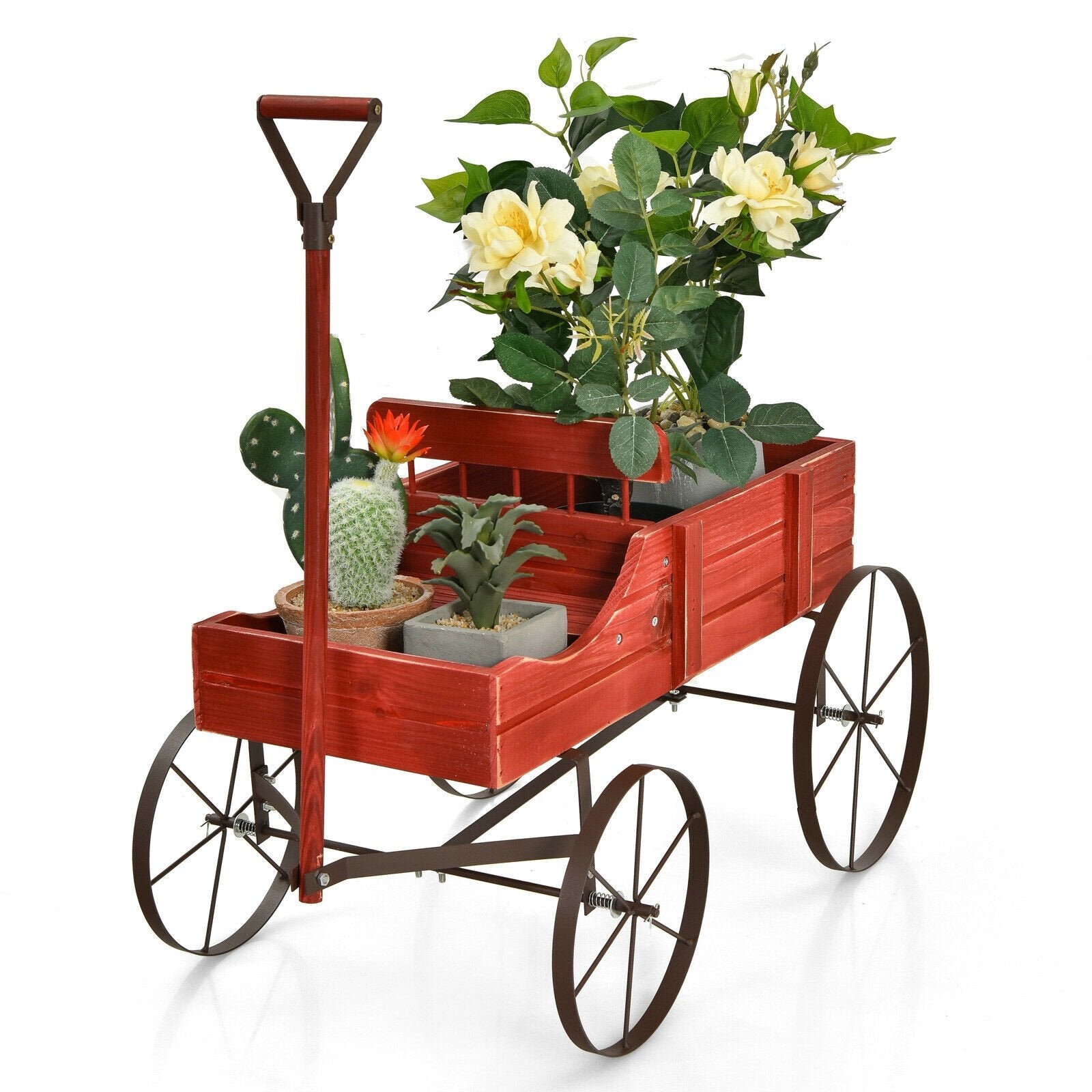 Wooden Wagon Plant Bed With Wheel for Garden Yard, Red Plant Stands   at Gallery Canada