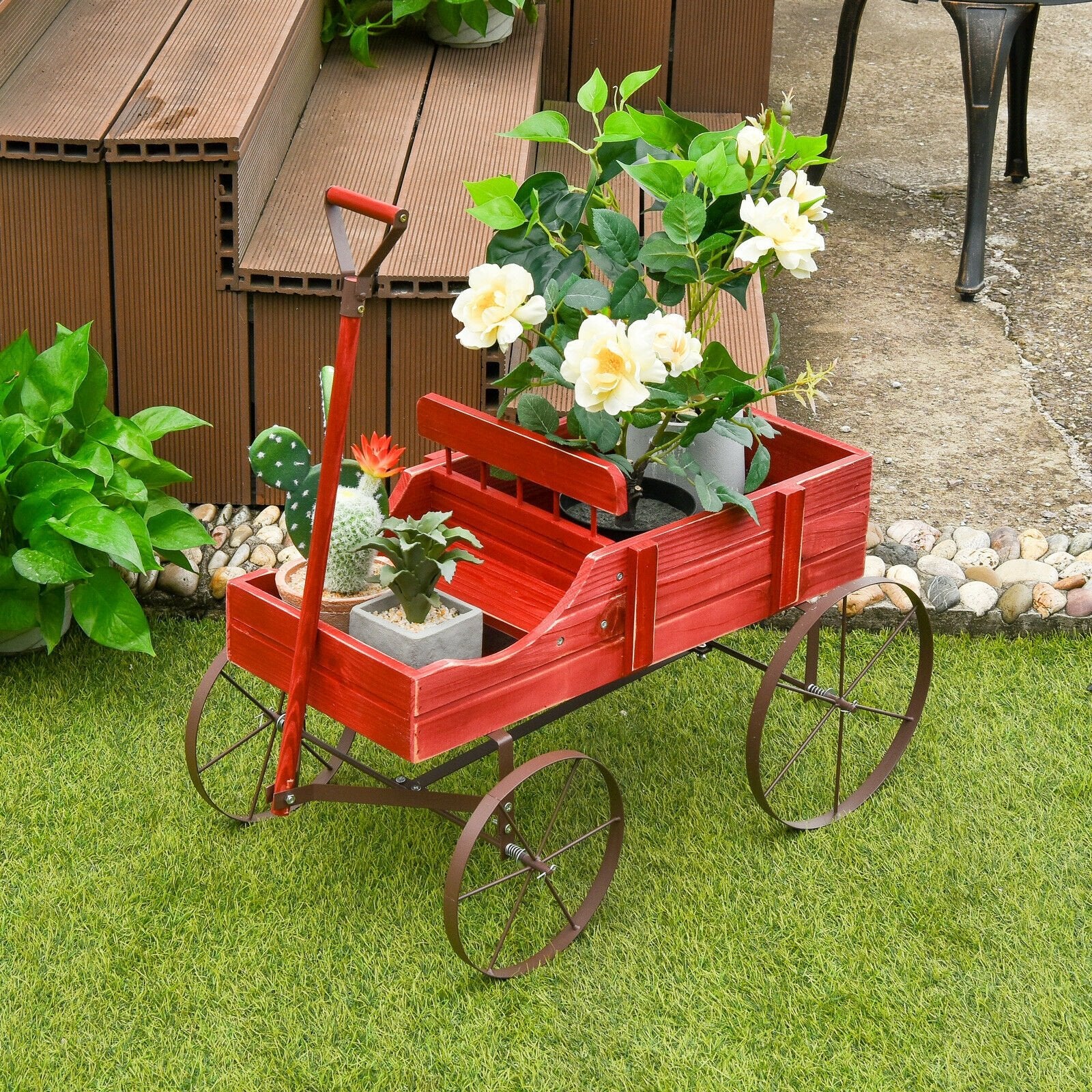 Wooden Wagon Plant Bed With Wheel for Garden Yard, Red Plant Stands   at Gallery Canada